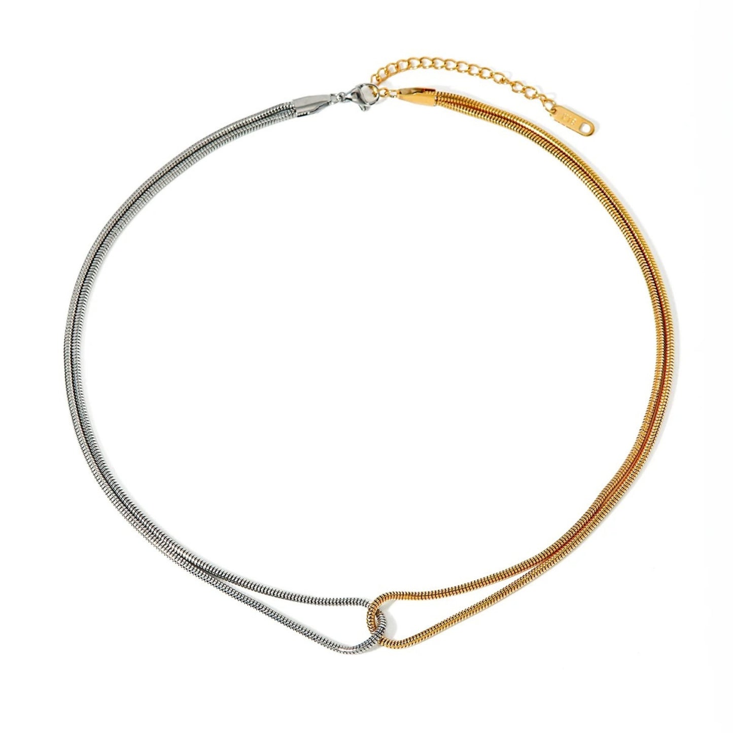 Dual-Tone Blade Snake Chain Necklace with 18K gold-plated and silver-plated finishes on a double-layer design.