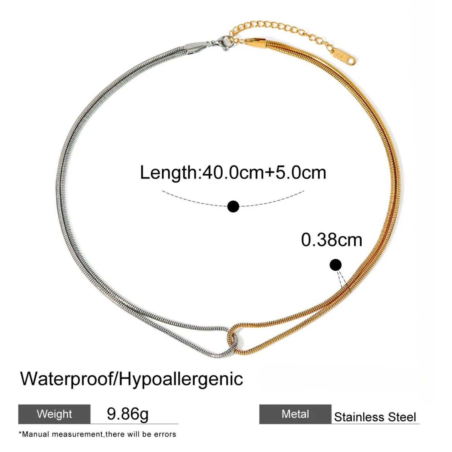 Details of the unique blade snake chain showcasing the dual-tone gold and silver sides.