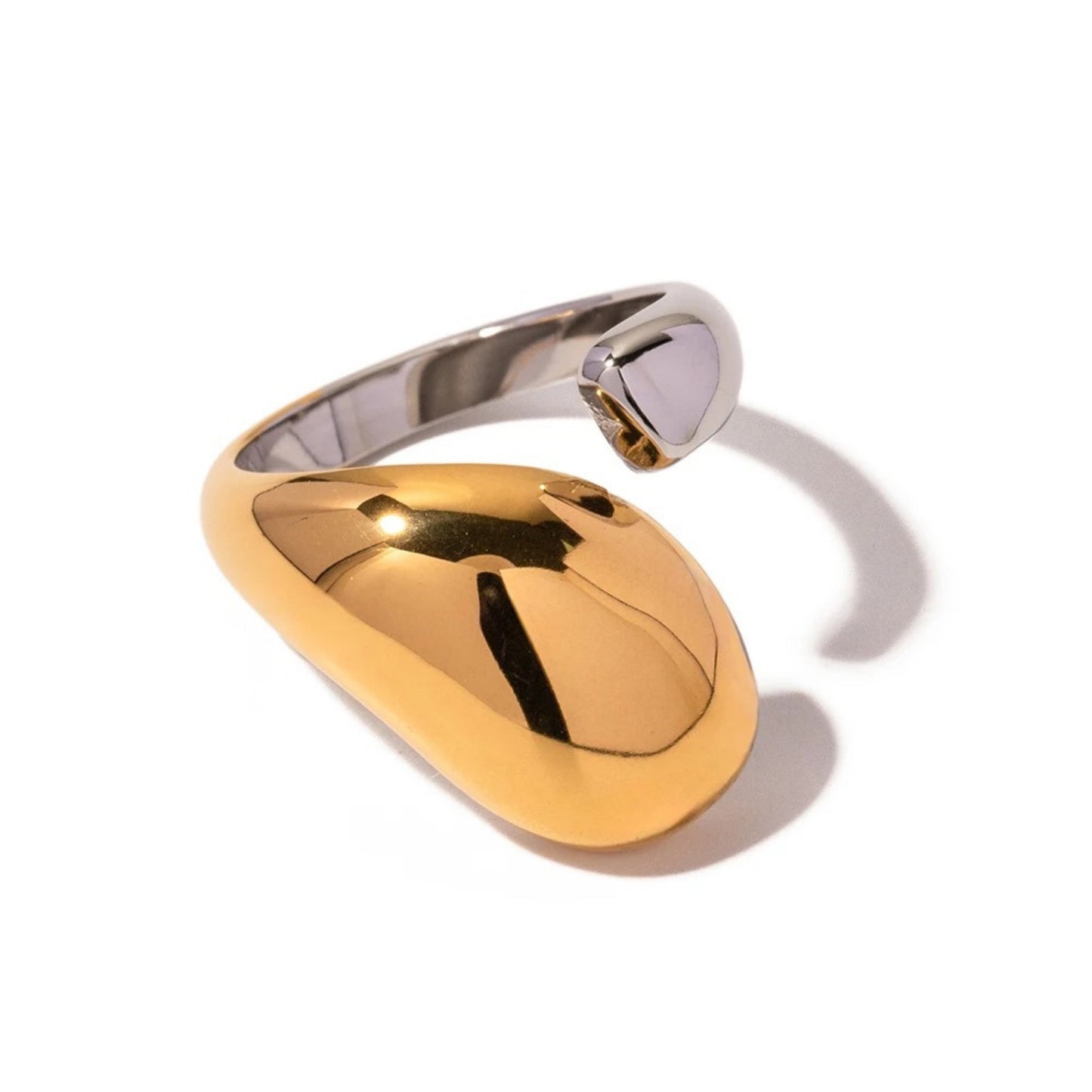 Dual-Tone Water Drop Statement Ring with half gold and half silver finish on stainless steel.