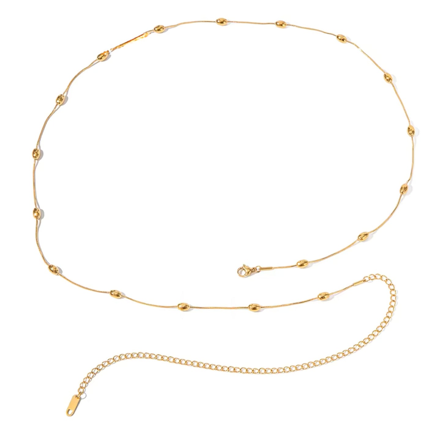 18K Gold Plated Elegant Gold Beaded Belly Chain displayed on a flat surface, showcasing its minimalist design with evenly spaced gold beads.