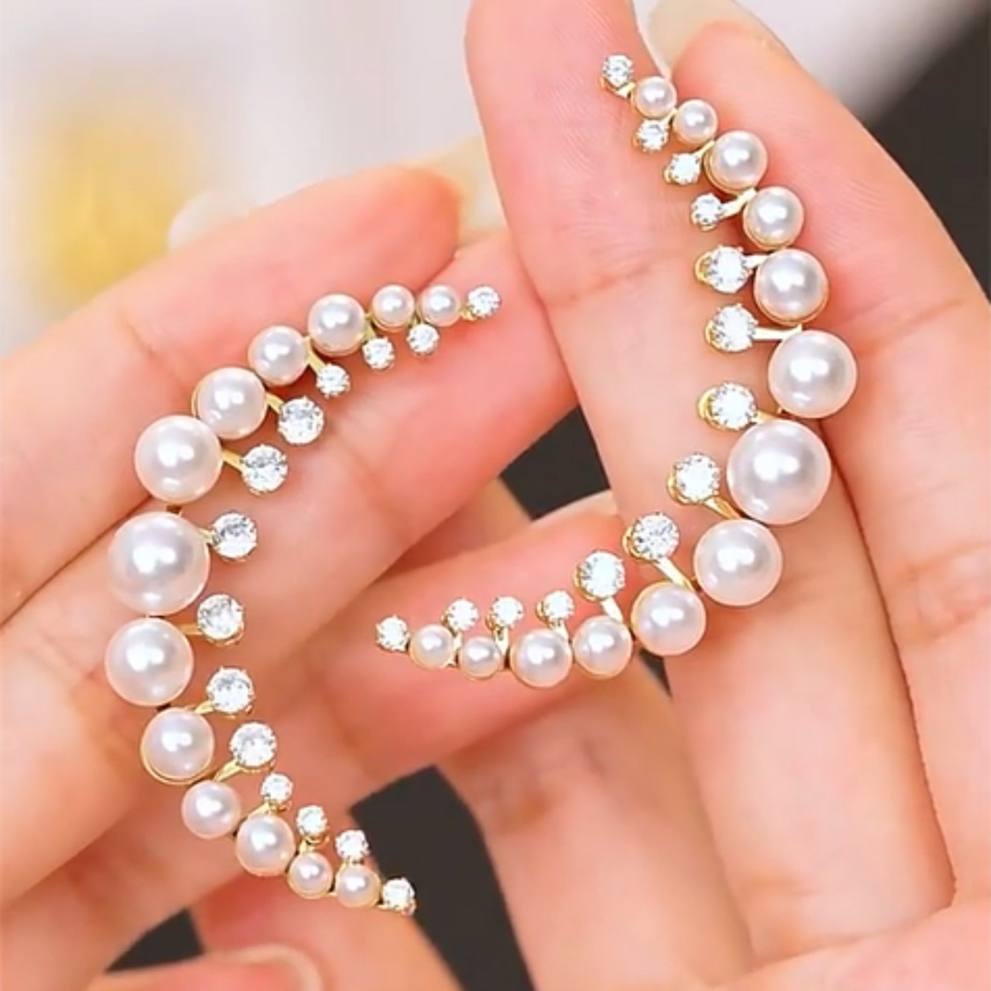 Elegant Pearl & Crystal Crescent Earrings – 18K Gold Plated
