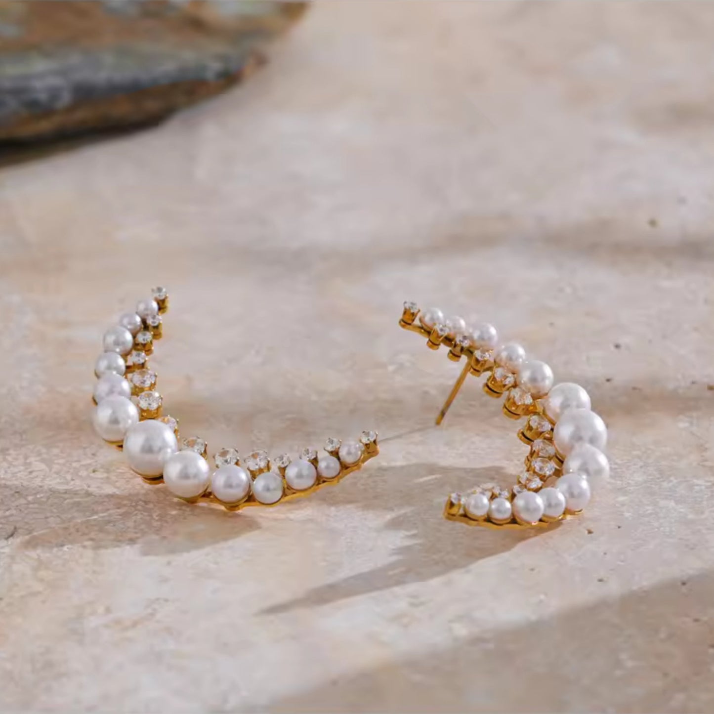 Elegant Pearl & Crystal Crescent Earrings – 18K Gold Plated