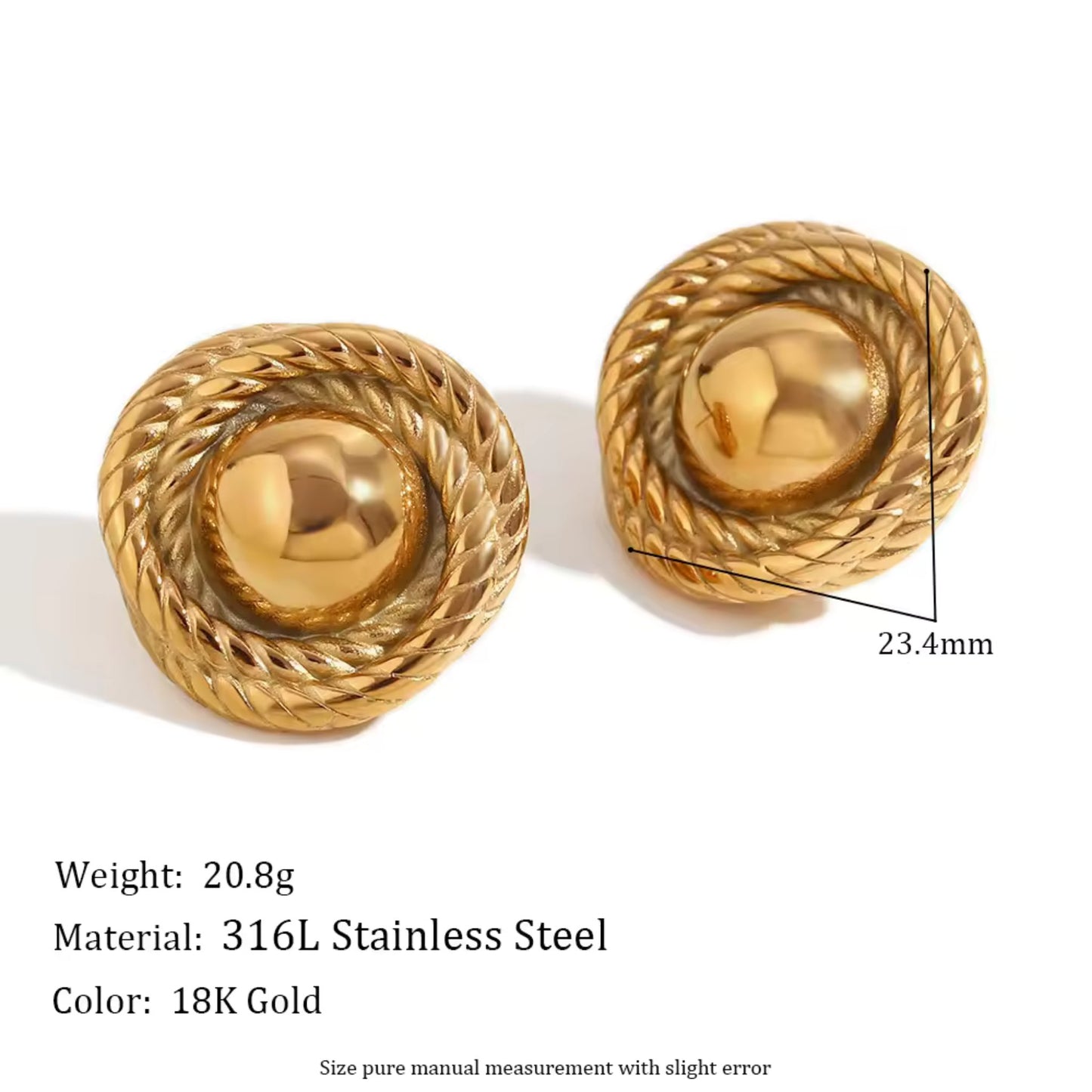 Details for the dimensions of a gold-plated twist hoop earring crafted from stainless steel, displayed on a white background.