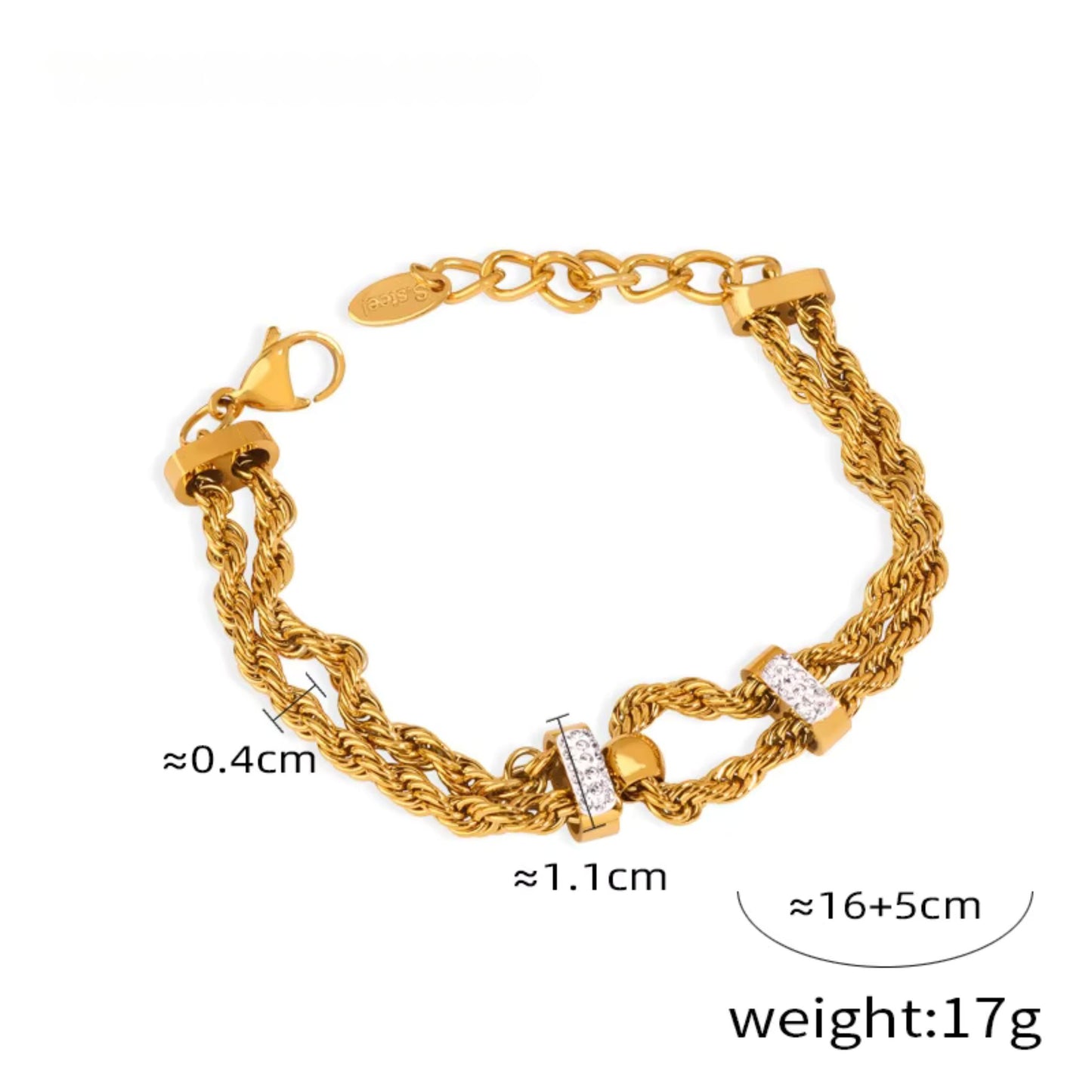 Gold-plated rope chain bracelet with rhinestone accents, displayed on a white background for detailed view.