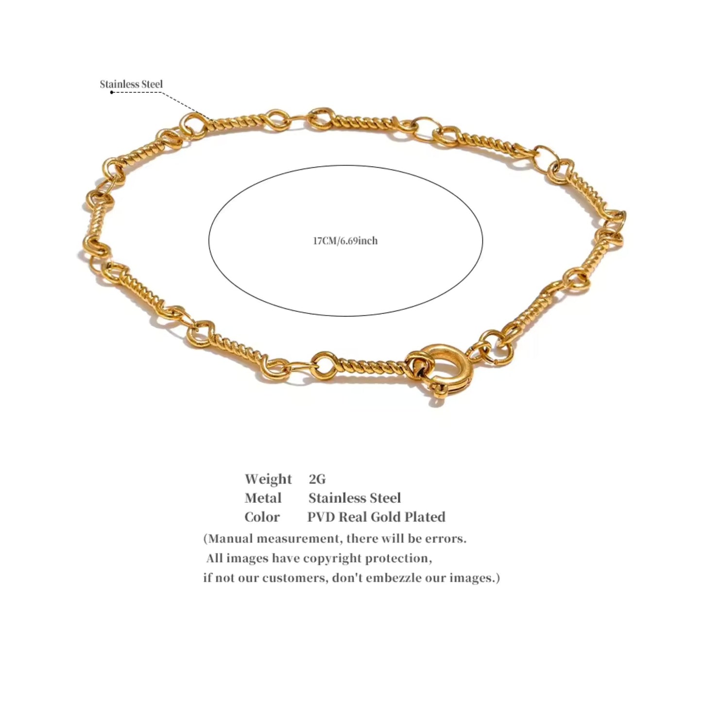 Detailed view of the twisted gold-plated links of the bracelet, highlighting the craftsmanship and texture.