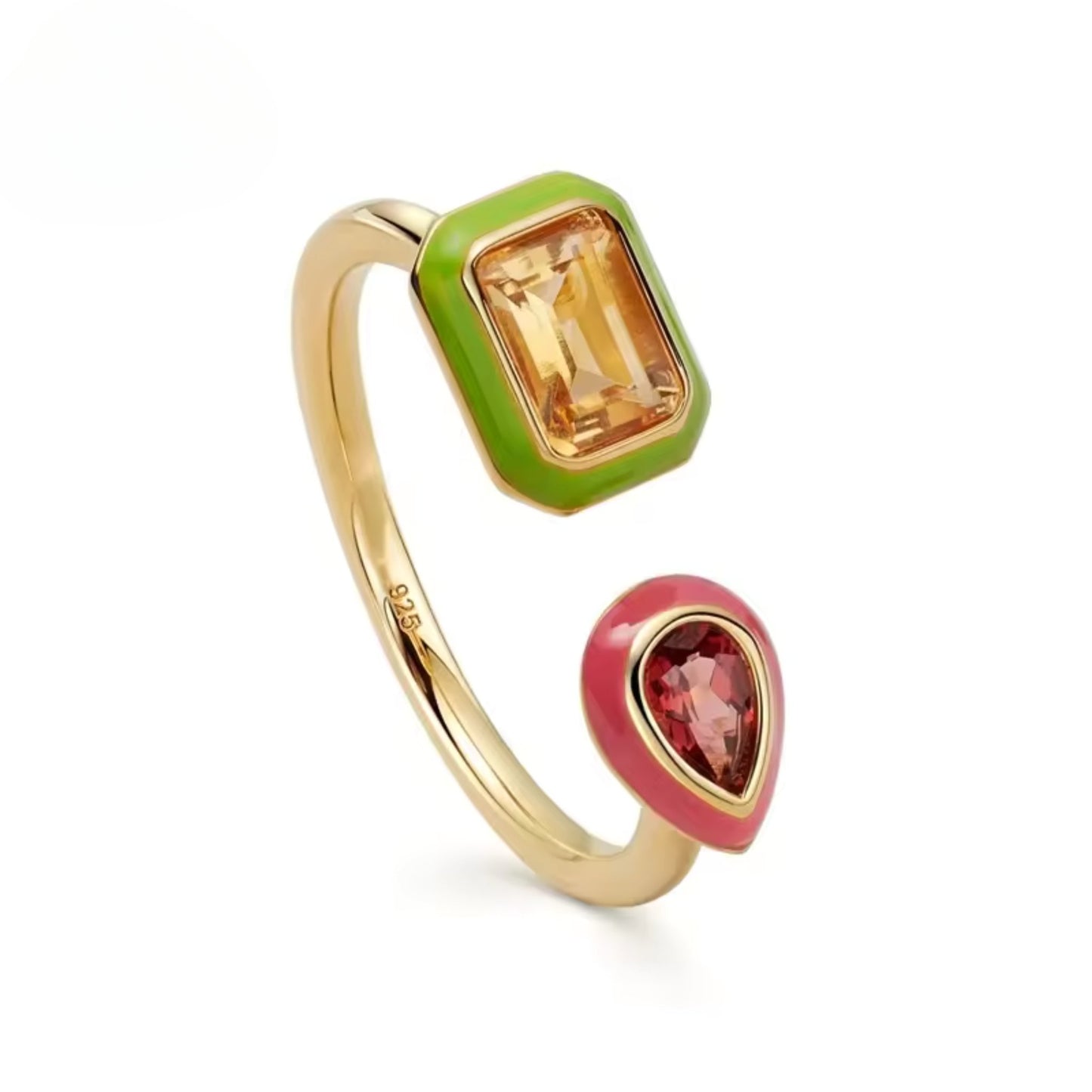 Detailed view of the Enamel Duo Gemstone Ring, highlighting its vivid cubic zirconia stones and bright enamel accents in sterling silver with 18K gold plating.