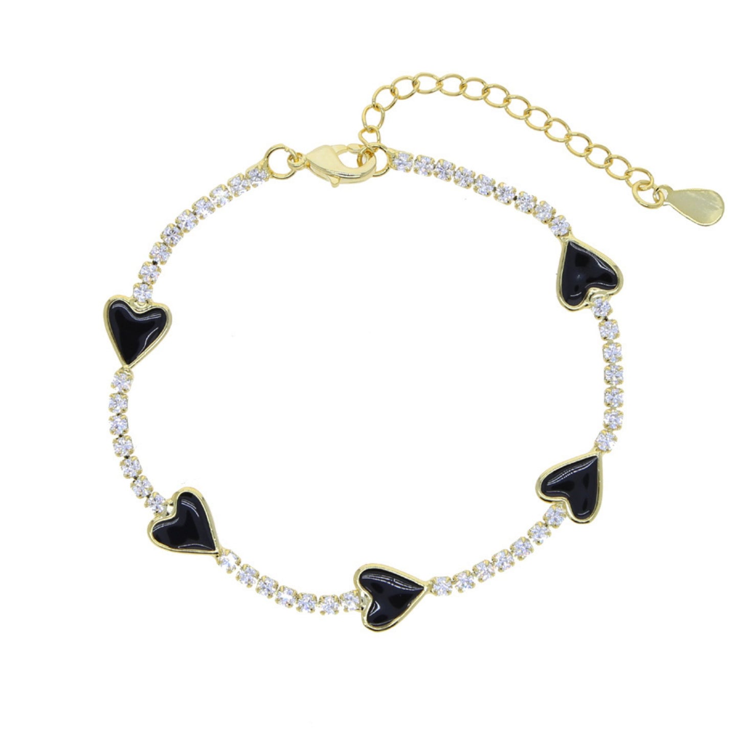 Enamel Heart Gold Plated Bracelet with black enamel hearts and sparkling CZ stones, adjustable with a 4 cm extender for a perfect fit.