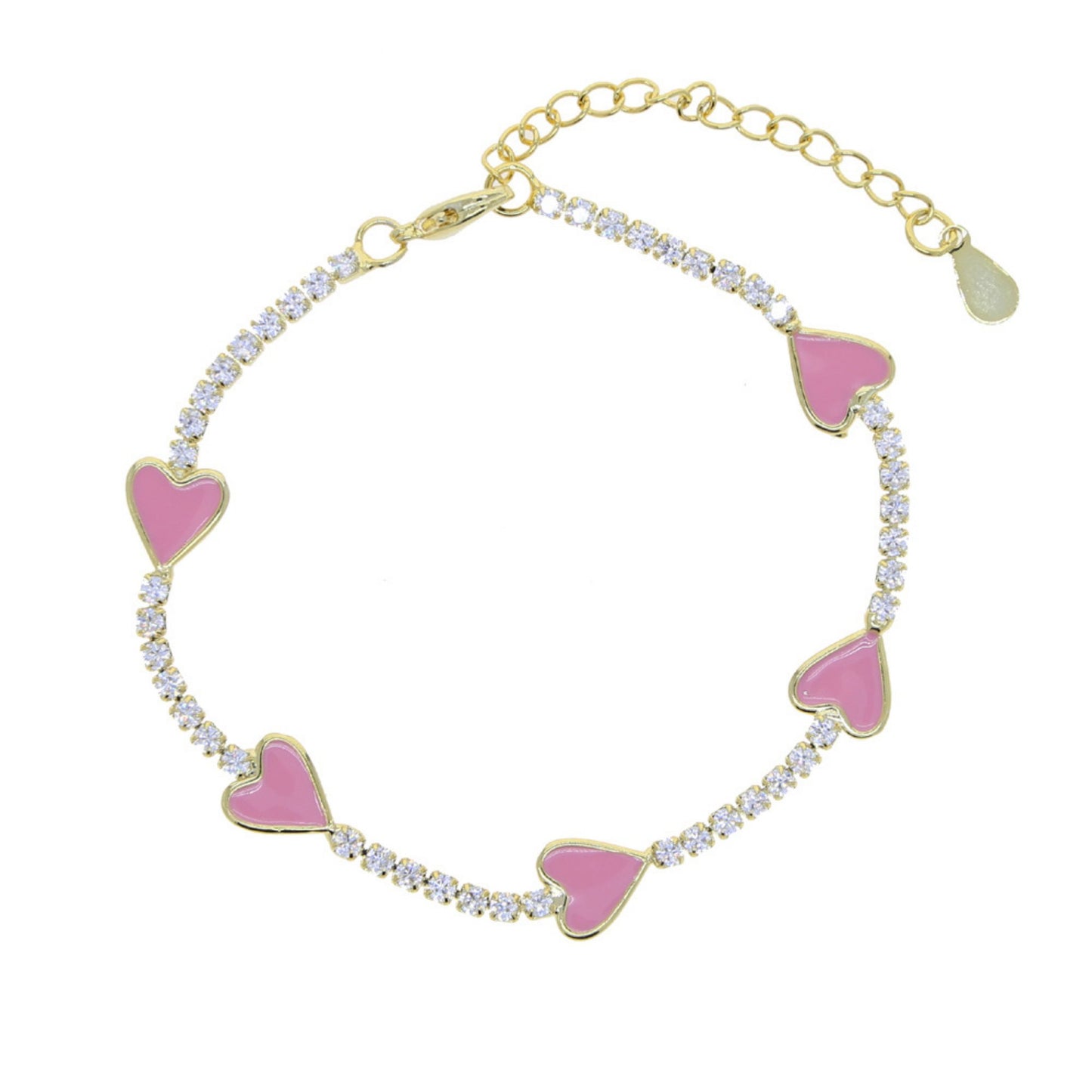 Enamel Heart Gold Plated Bracelet with pink enamel hearts and sparkling CZ stones, adjustable with a 4 cm extender for a perfect fit.