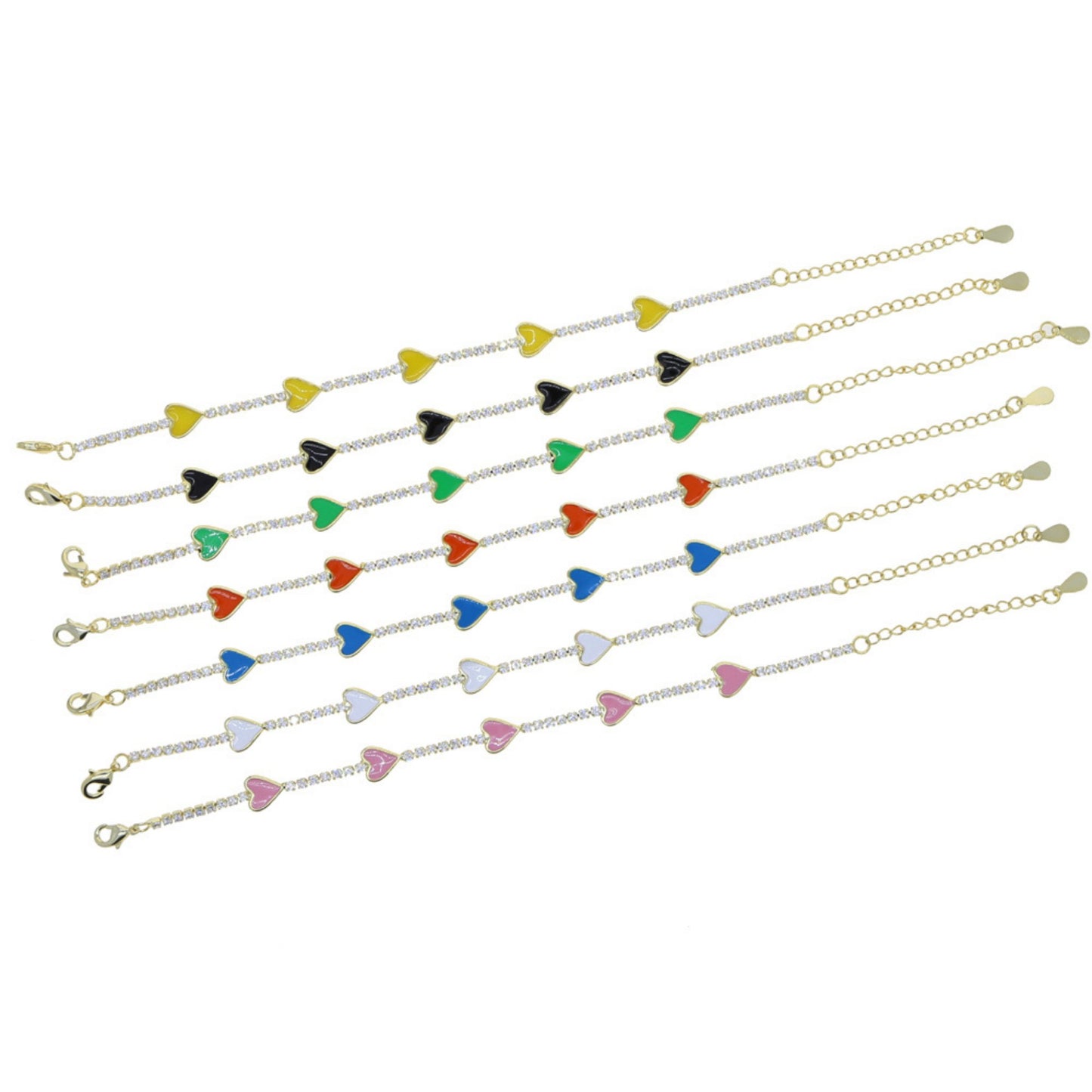 Enamel Heart Gold Plated Bracelet with colorful enamel hearts and sparkling CZ stones, adjustable with a 4 cm extender for a perfect fit.