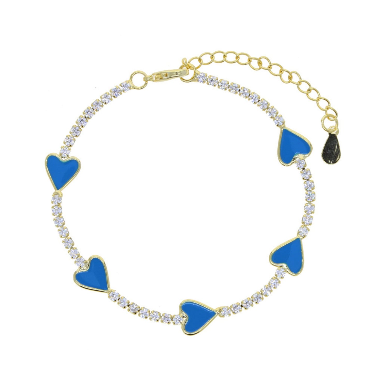 Enamel Heart Gold Plated Bracelet with blue enamel hearts and sparkling CZ stones, adjustable with a 4 cm extender for a perfect fit.