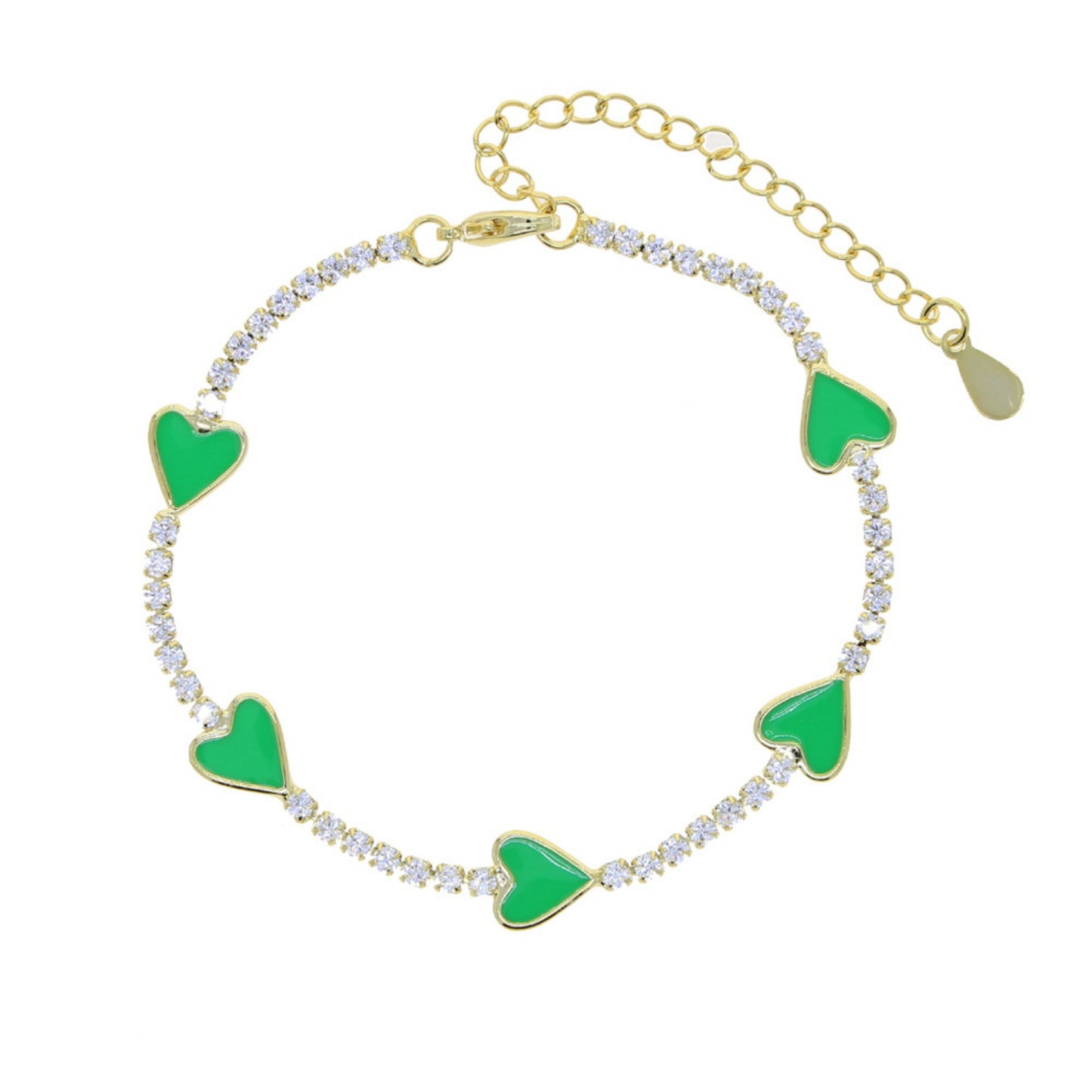 Enamel Heart Gold Plated Bracelet with green enamel hearts and sparkling CZ stones, adjustable with a 4 cm extender for a perfect fit.