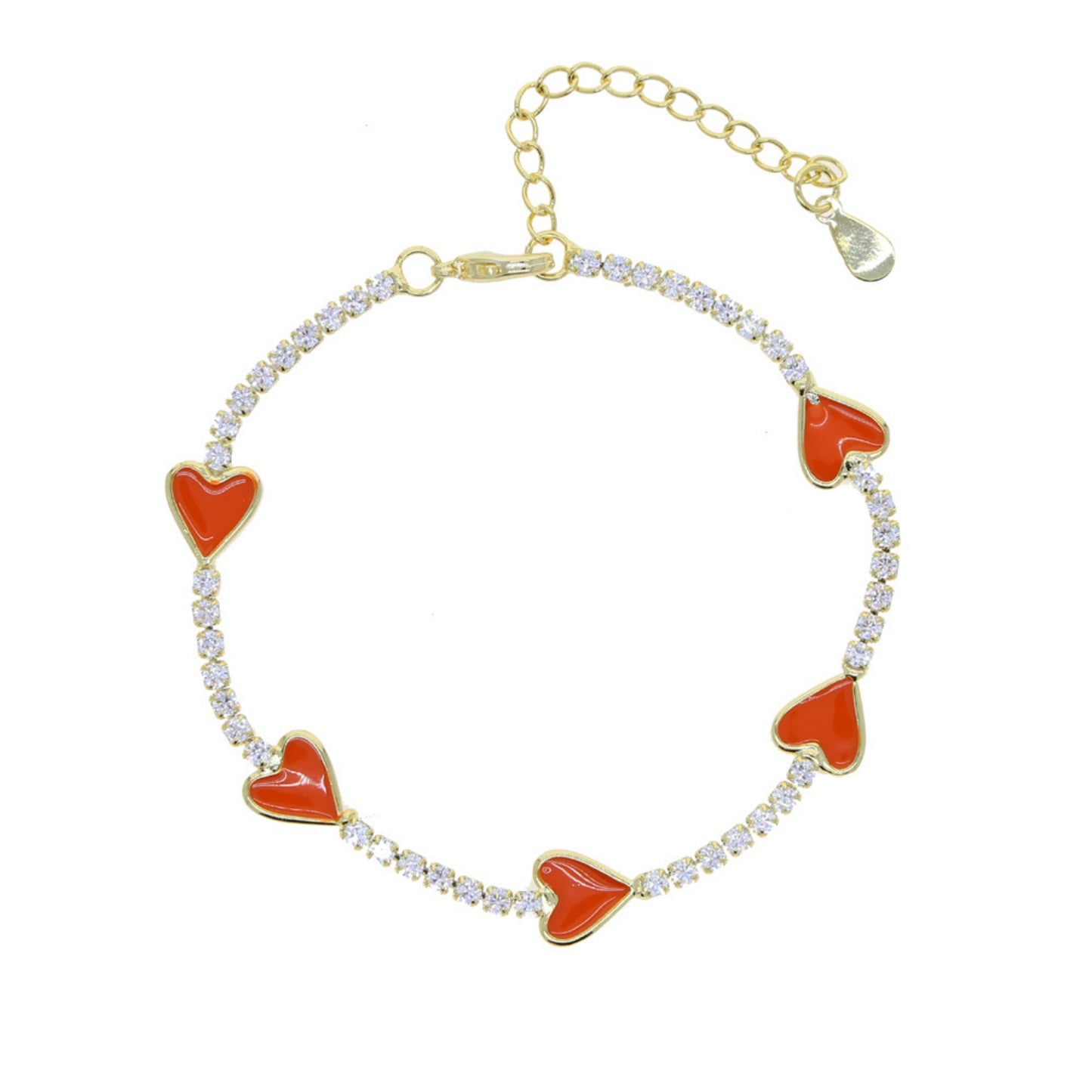 Enamel Heart Gold Plated Bracelet with orange enamel hearts and sparkling CZ stones, adjustable with a 4 cm extender for a perfect fit.