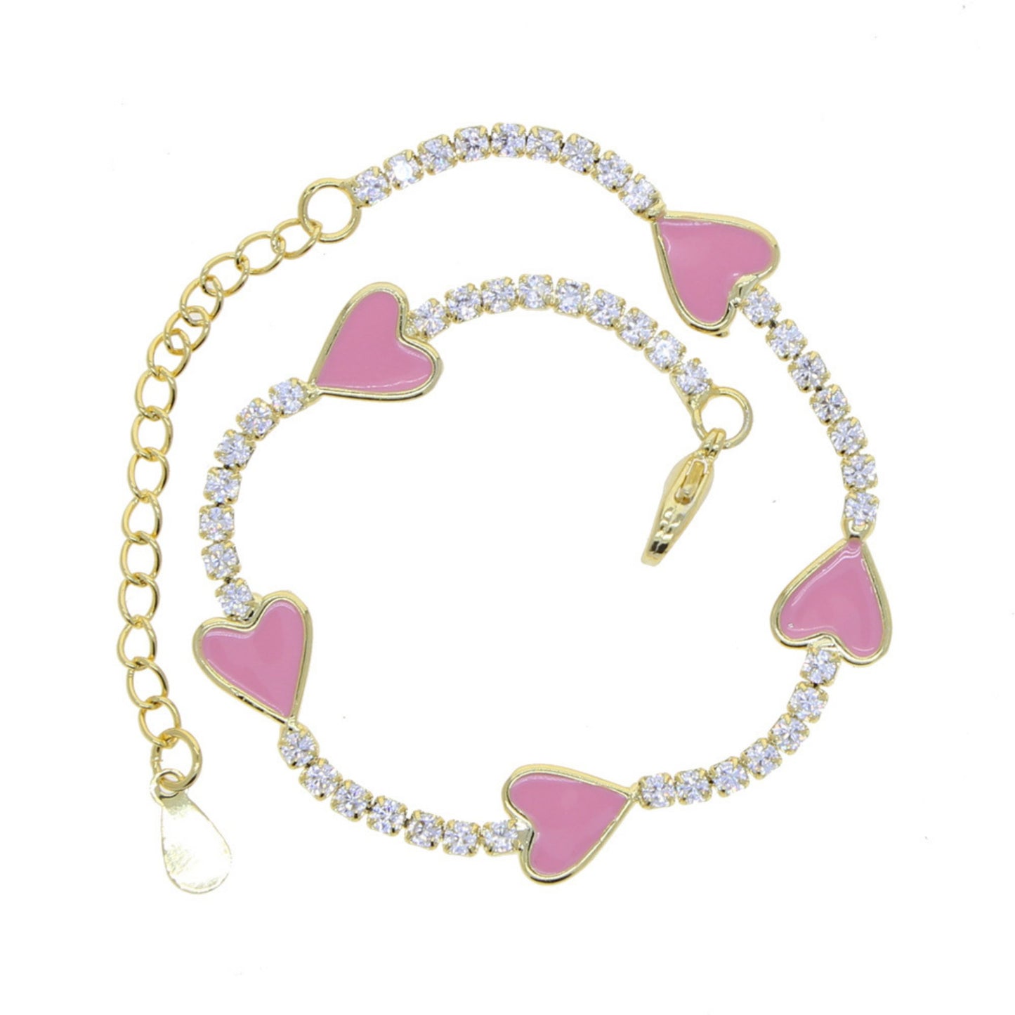 Enamel Heart Gold Plated Bracelet with pink enamel hearts and sparkling CZ stones, adjustable with a 4 cm extender for a perfect fit.