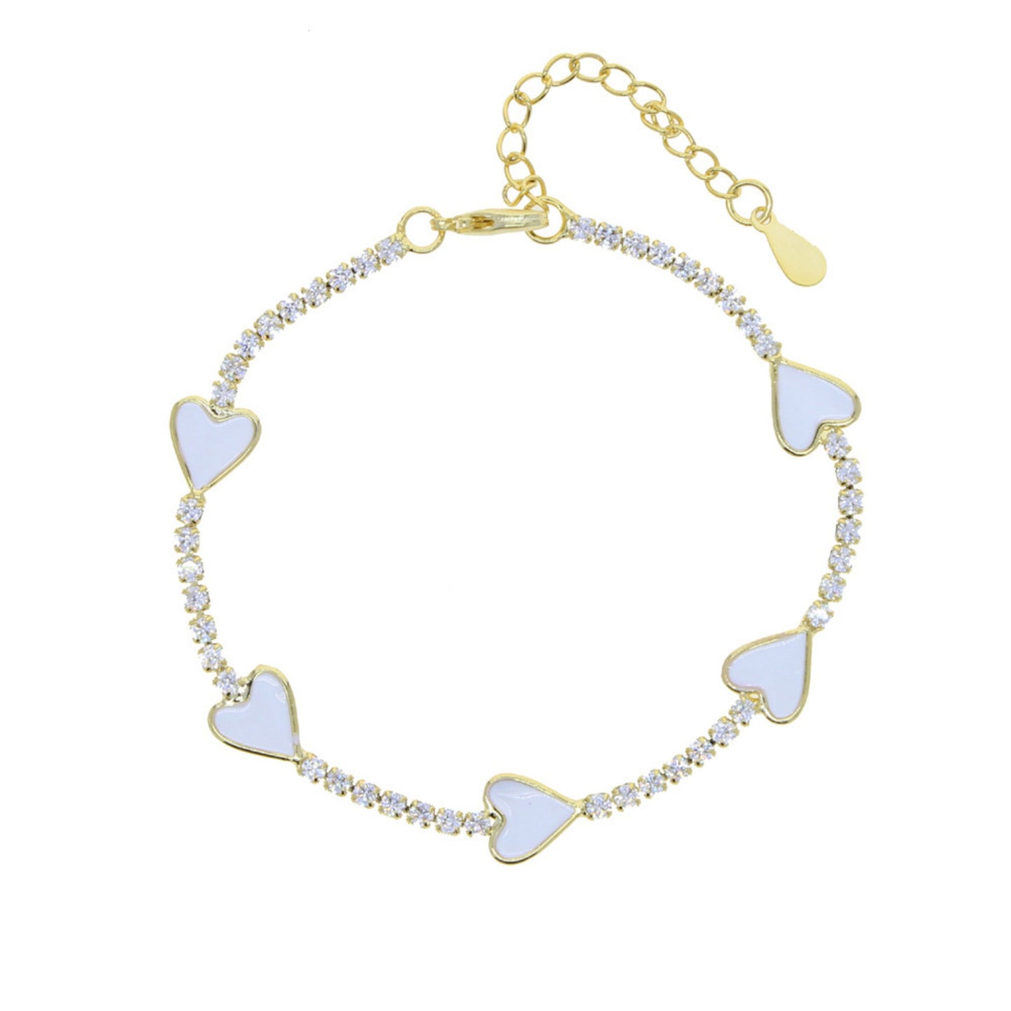 Enamel Heart Gold Plated Bracelet with white enamel hearts and sparkling CZ stones, adjustable with a 4 cm extender for a perfect fit.