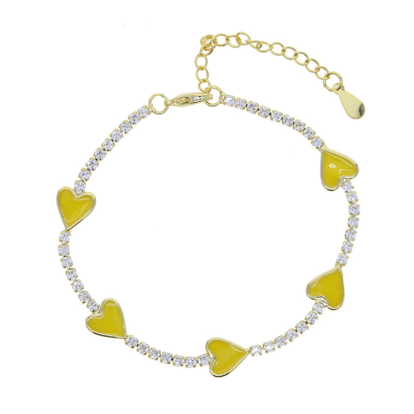 Enamel Heart Gold Plated Bracelet with yellow enamel hearts and sparkling CZ stones, adjustable with a 4 cm extender for a perfect fit.