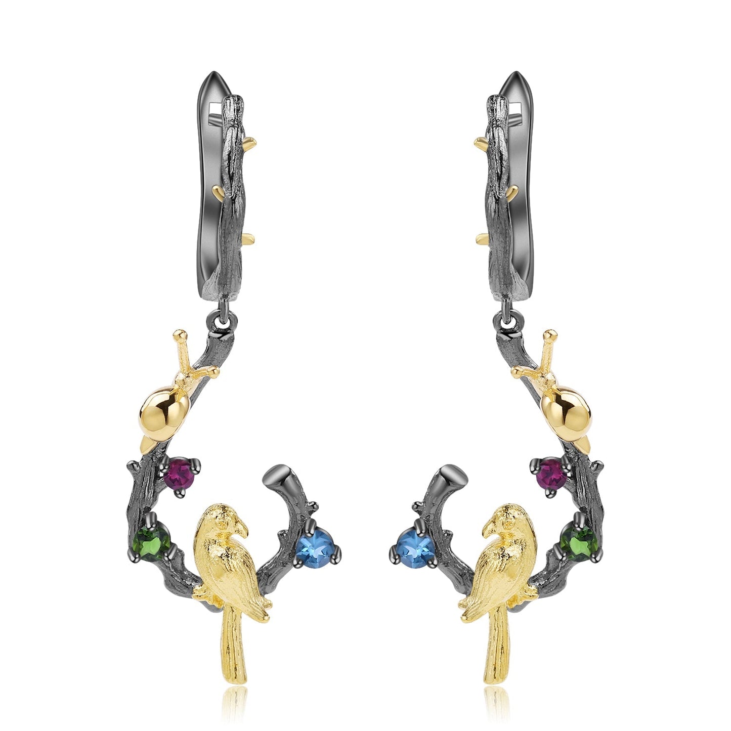 Swiss Blue Topaz Bird & Snail Earrings crafted from 925 Sterling Silver with gold plating, featuring topaz, amethyst, and peridot stones in a nature-inspired design.