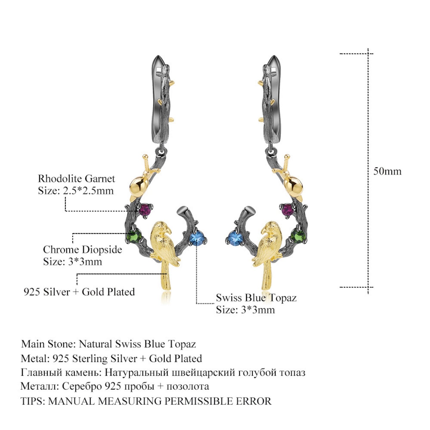 Details of the Enchanted Swiss Blue Topaz Bird and Snail Earrings