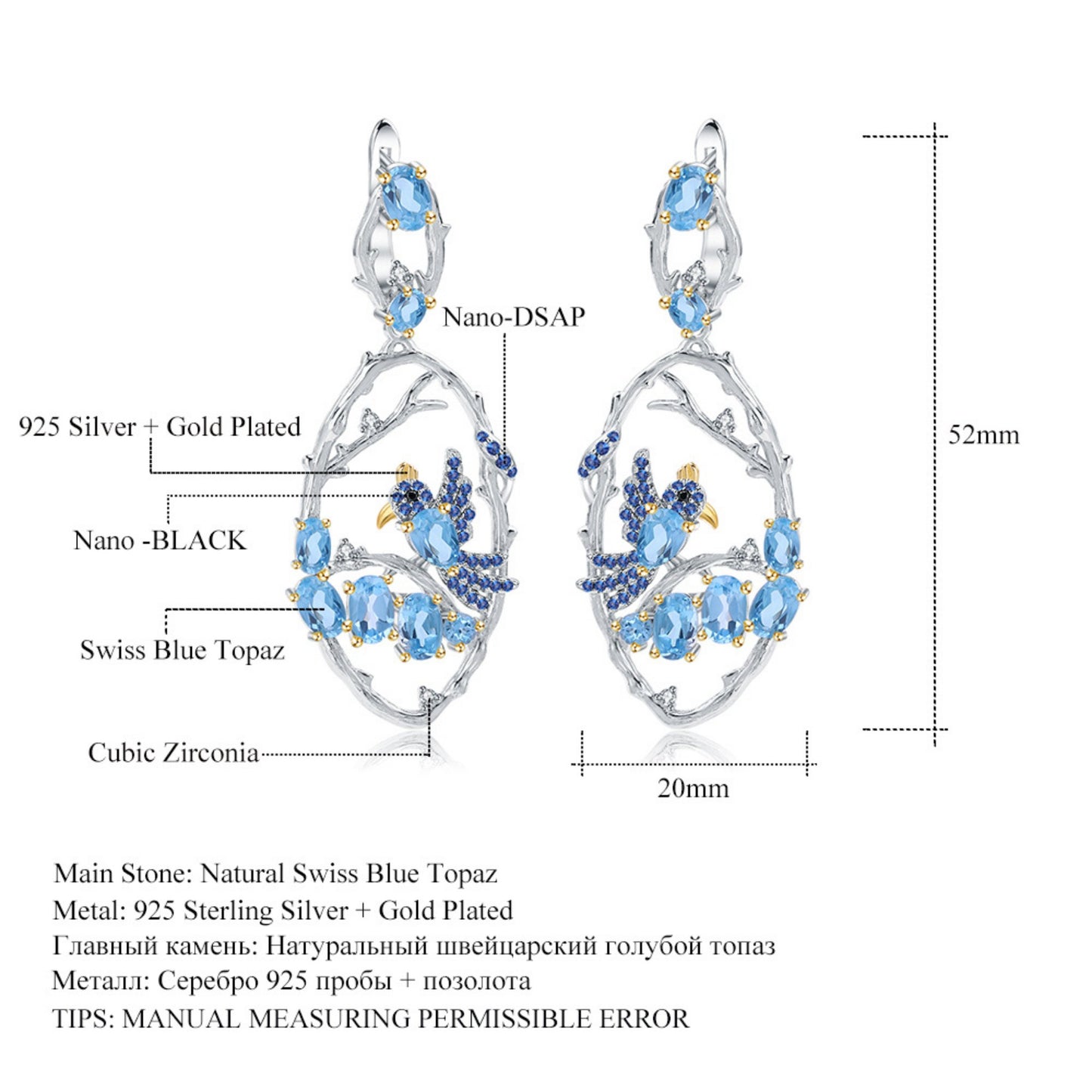 Close-up detail of the blue topaz stone and branch design of the Ethereal Earrings, highlighting their intricate Nano-DSAP and Nano-BLACK elements.