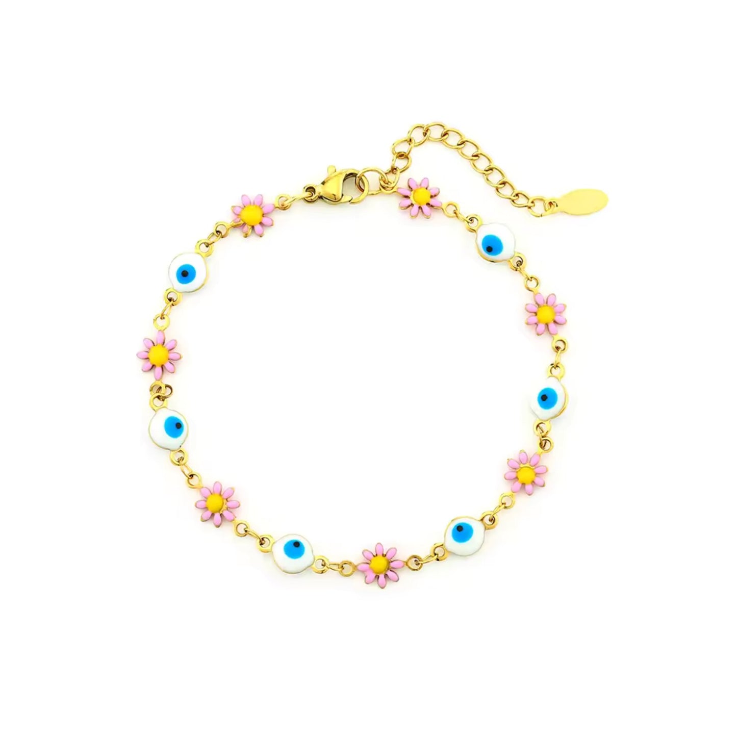 Floral Evil Eye Waterproof Charm Anklet displayed flat, highlighting its vibrant charms and adjustable design.