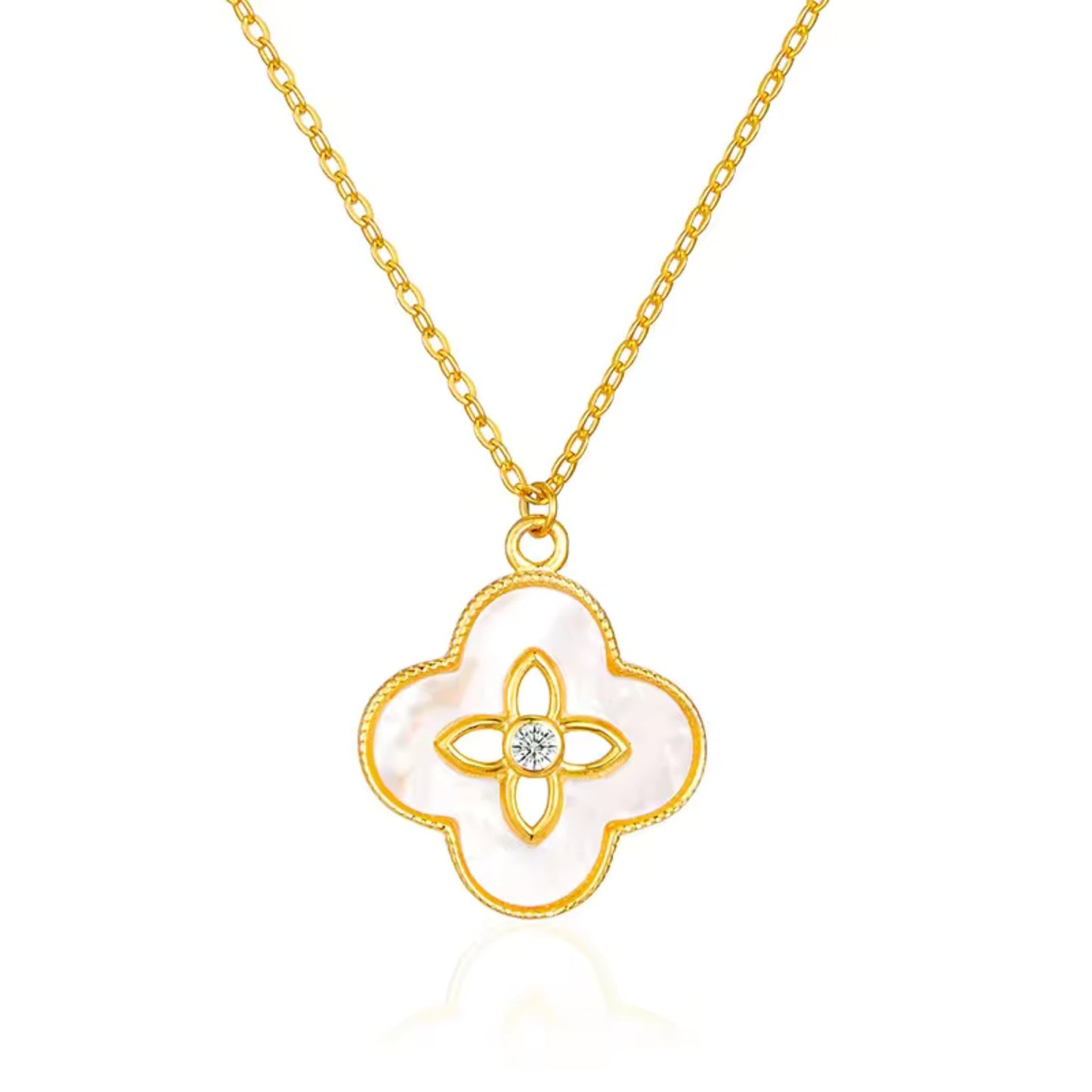 Floral Radiance Pendant Necklace displayed on a white background, highlighting the intricate floral motif and gold-plated sterling silver chain.