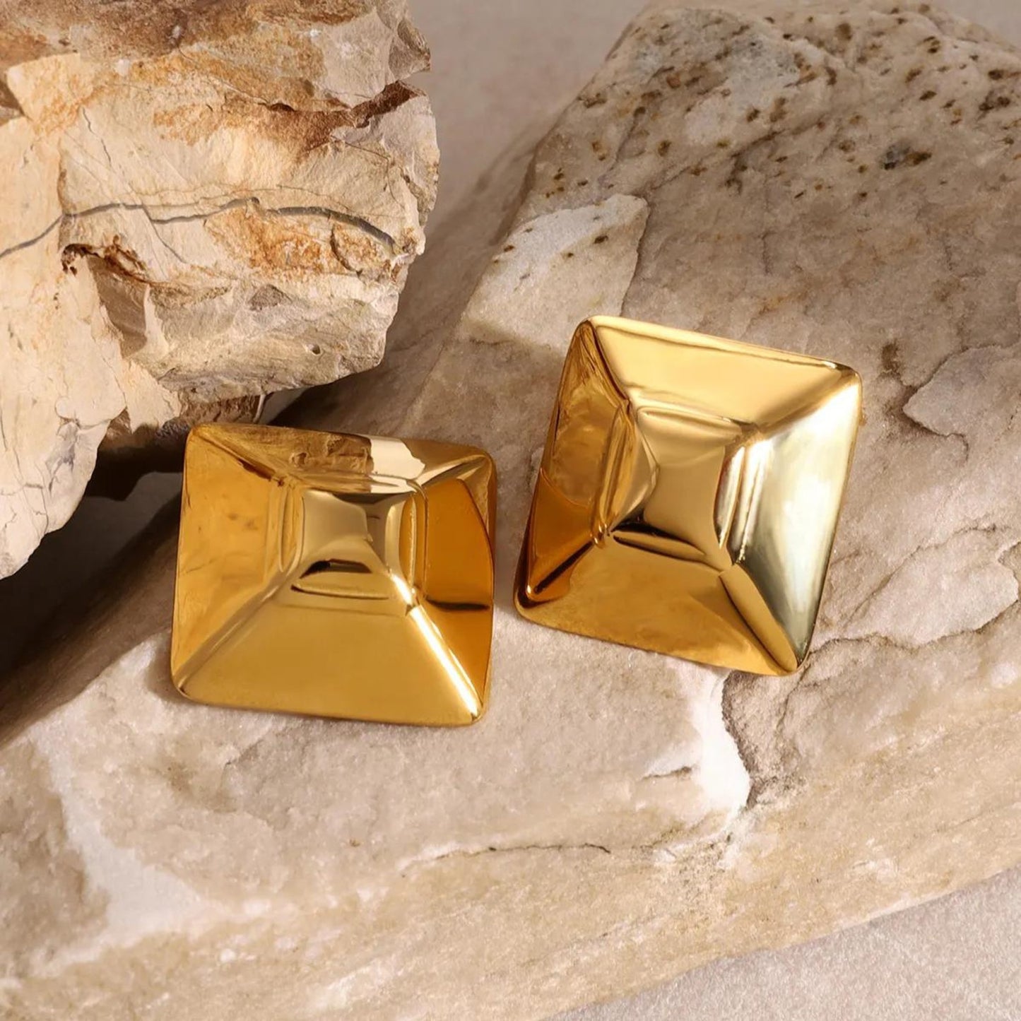 Geometric Pyramid Stainless Steel Stud 18K Gold Plated Earrings