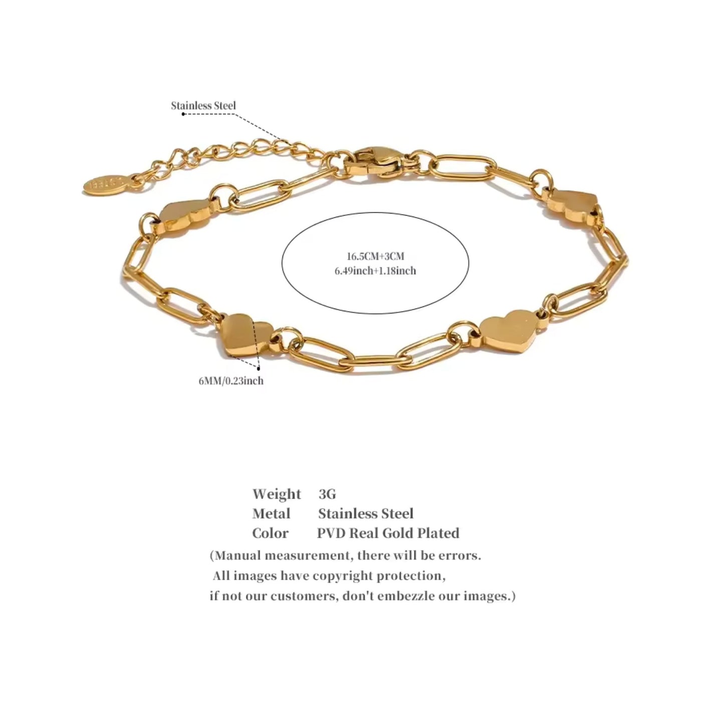 Gold-Plated Heart Link Chain 18K Gold Plated Bracelet