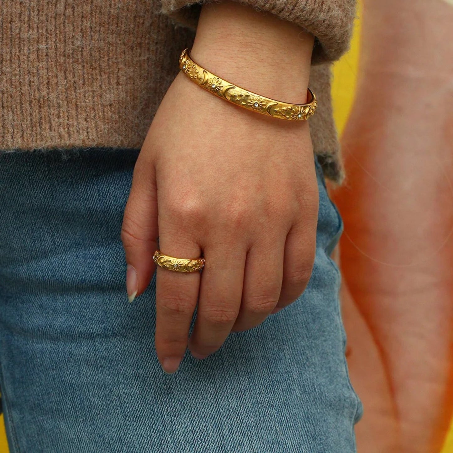 Golden Harmony Sun and Moon Cuff Bracelet