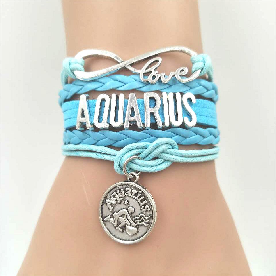 Model Wearing the Horoscope Braided Leather Bracelet for Women. Comes in 12 options