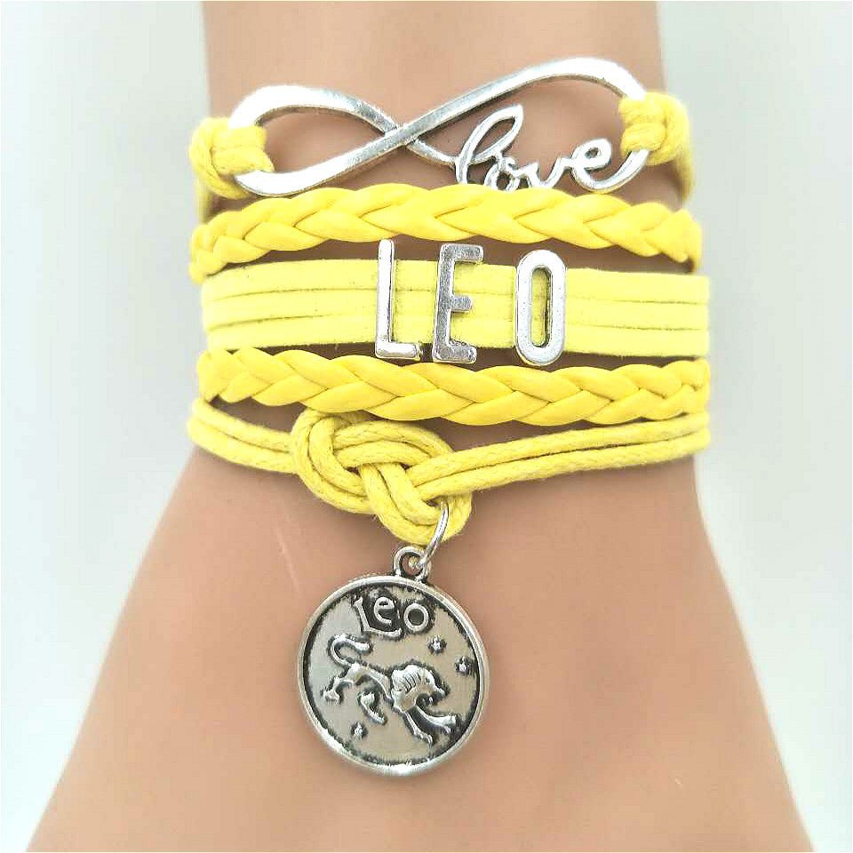 Model Wearing the Horoscope Braided Leather Bracelet for Women. Comes in 12 options