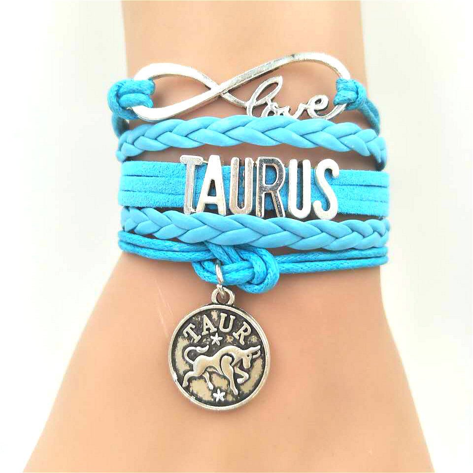 Model Wearing the Horoscope Braided Leather Bracelet for Women. Comes in 12 options