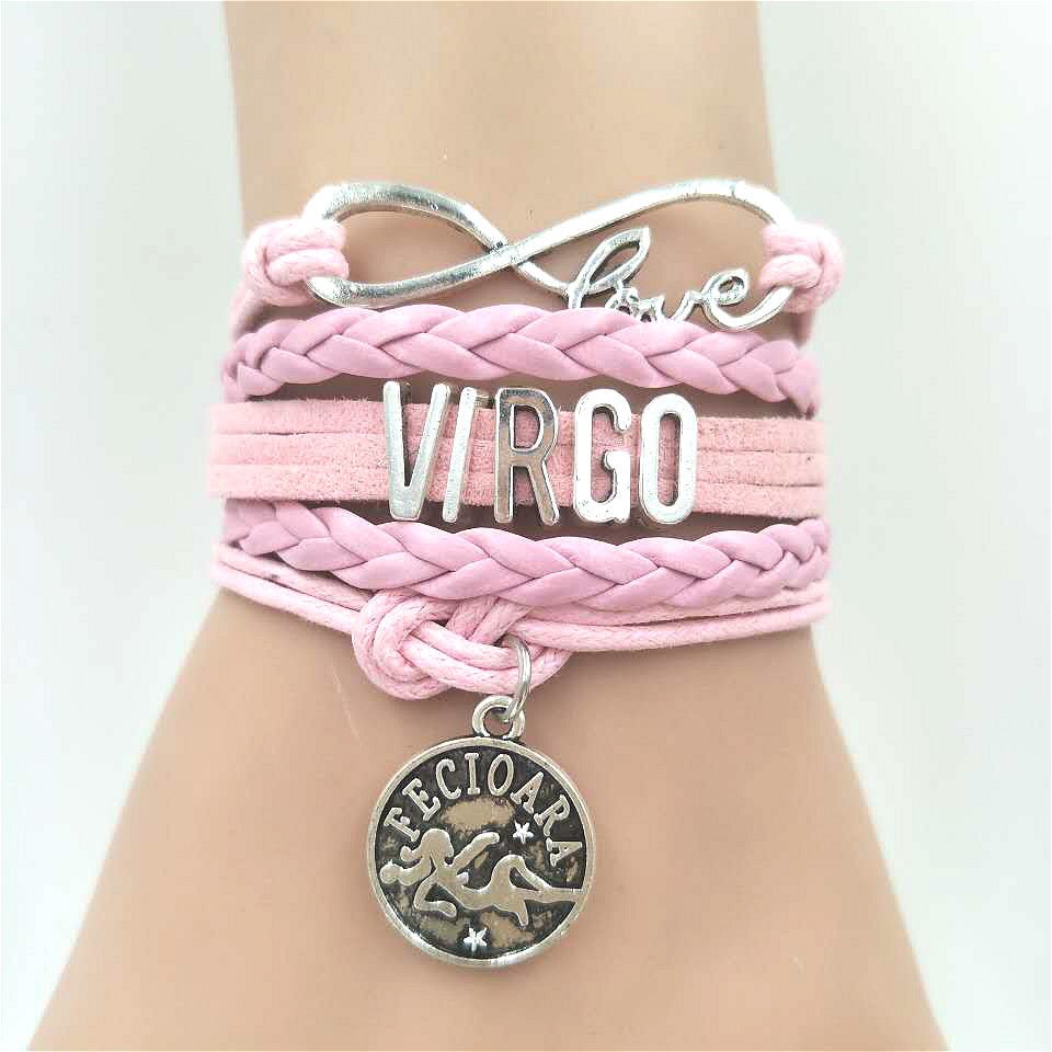 Model Wearing the Horoscope Braided Leather Bracelet for Women. Comes in 12 options