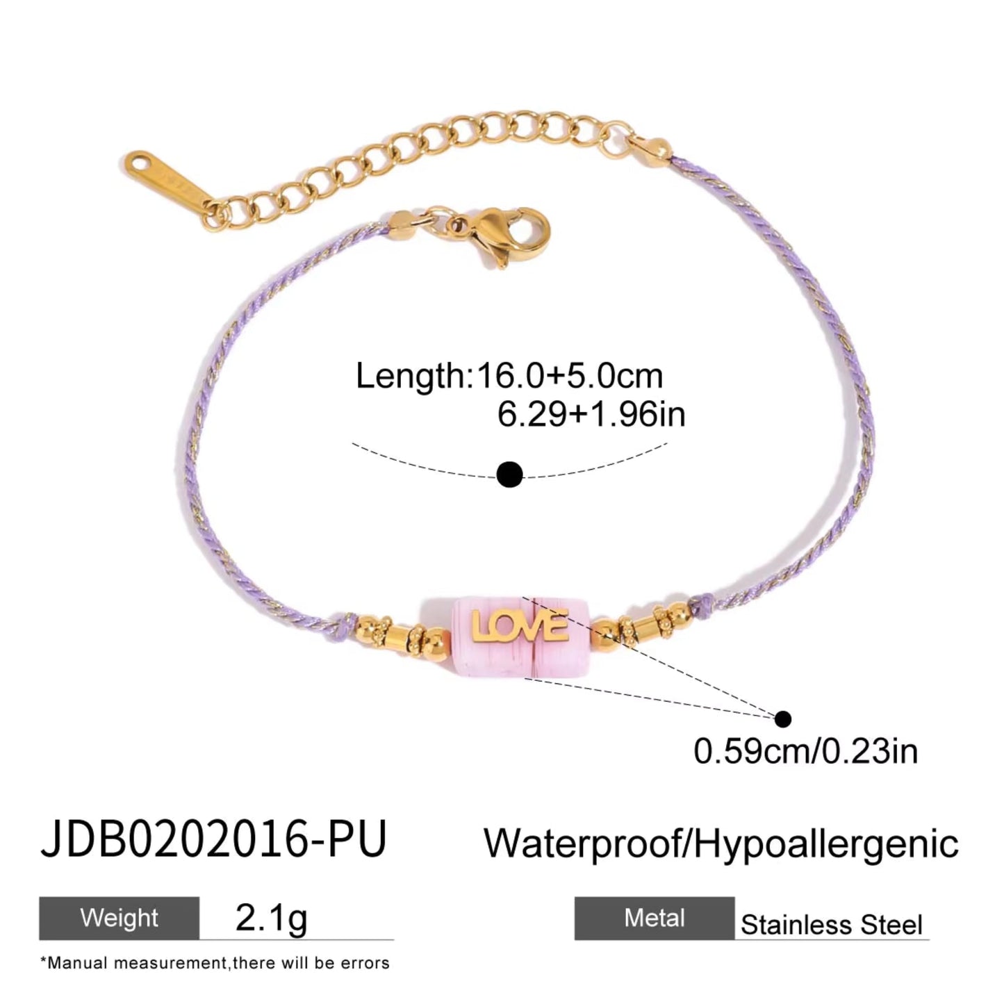 LOVE Letter Rope Bracelet — 18K Gold Stainless Steel, Adjustable Colorful Cord