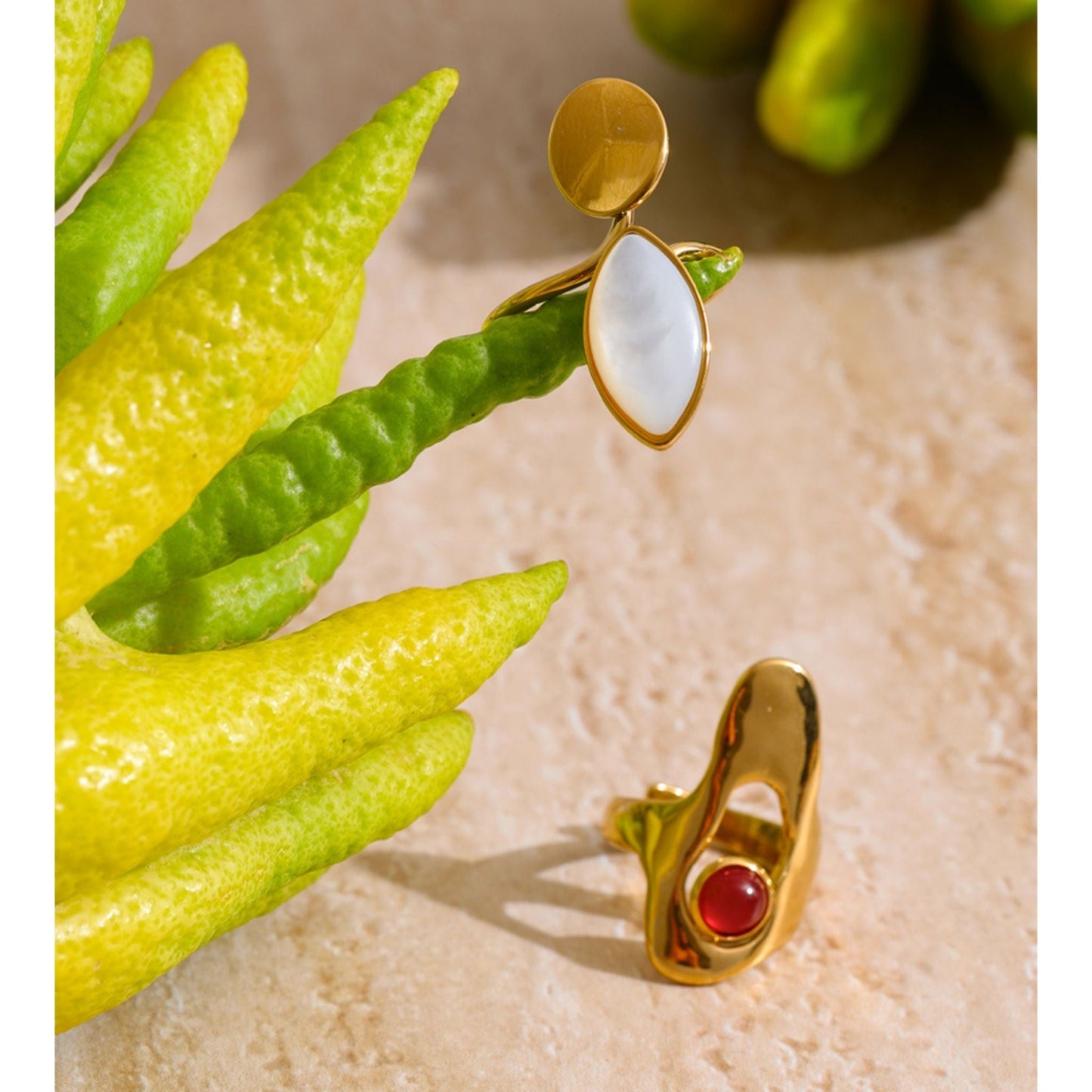 Luna Aura Adjustable Statement Gold Plated Ring — Red Agate & White Shell