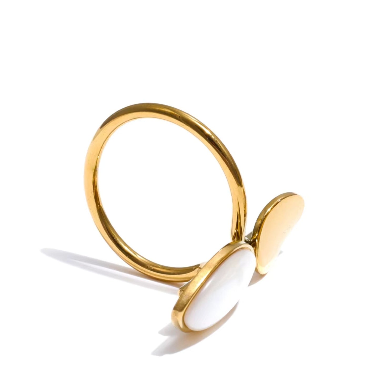 Luna Aura Adjustable Statement Gold Plated Ring — Red Agate & White Shell