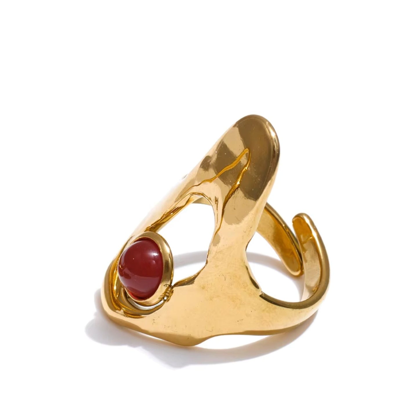 Luna Aura Adjustable Statement Gold Plated Ring — Red Agate & White Shell