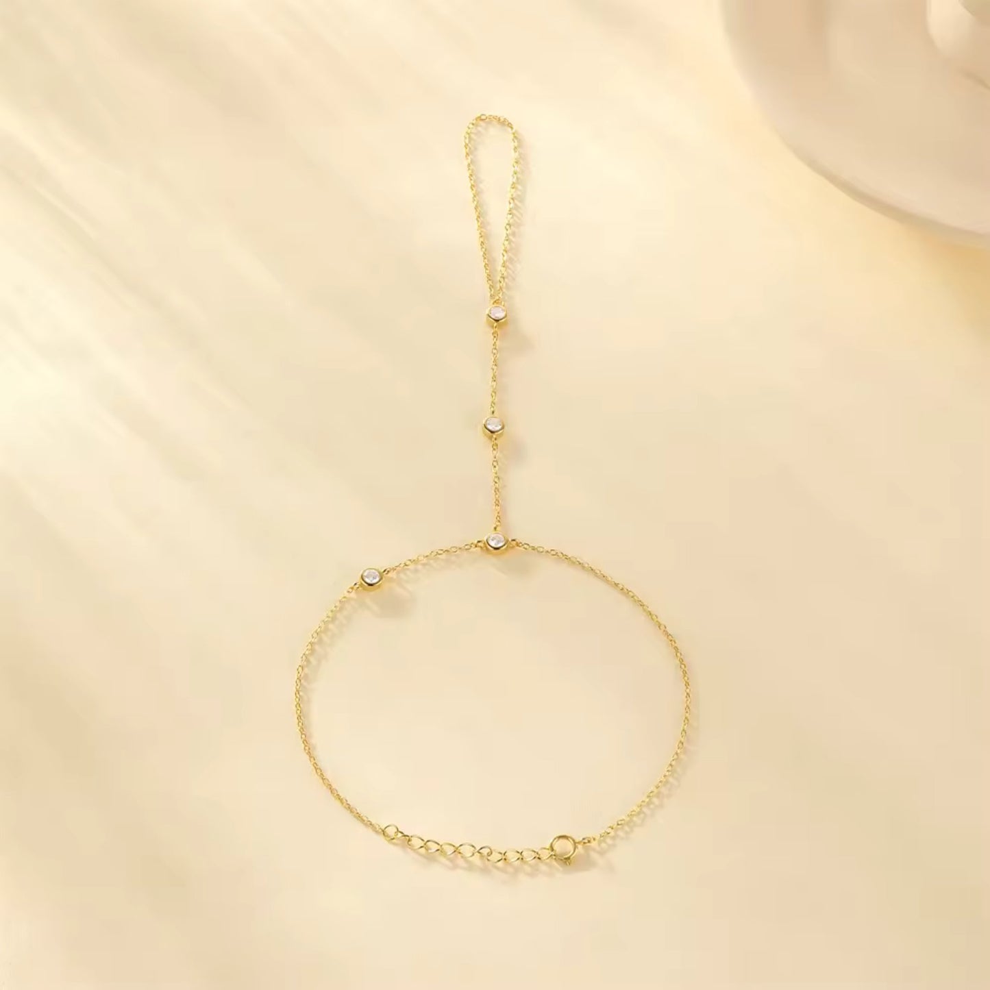 Radiant Elegance 18K Gold Plated Sterling Silver Chain Ring Slave Bracelet