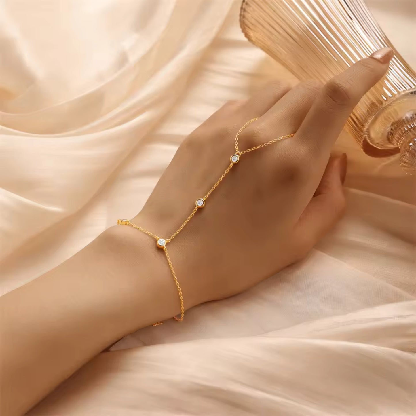 Radiant Elegance 18K Gold Plated Sterling Silver Chain Ring Slave Bracelet