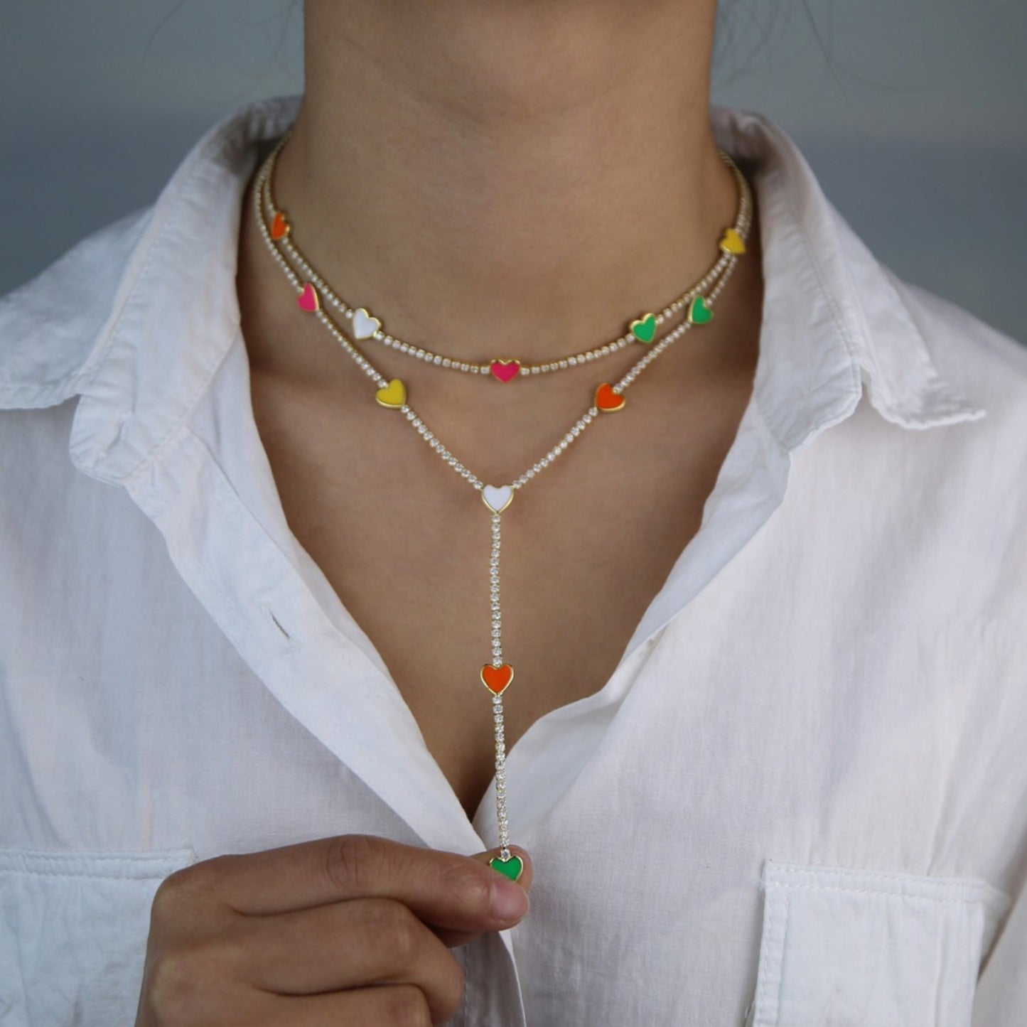 Rainbow Hearts Y-Shape Gold Plated Necklace