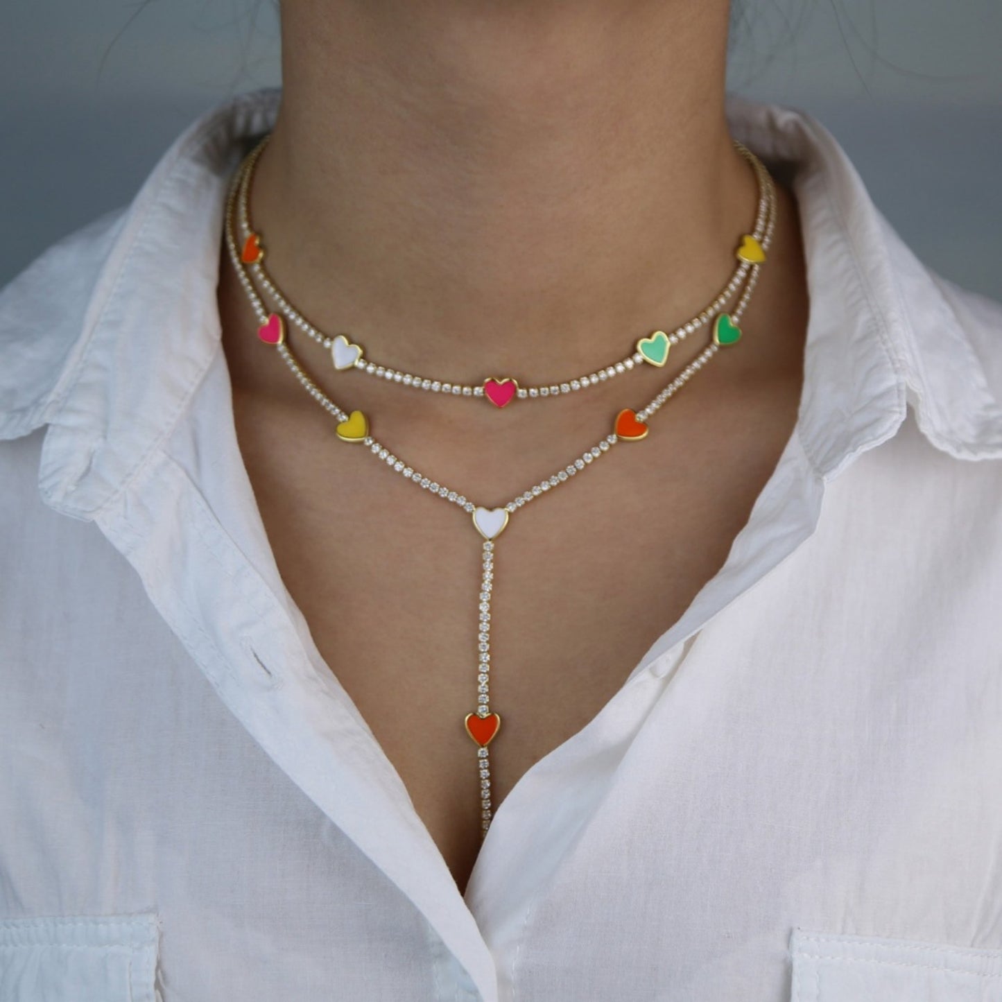 Rainbow Hearts Y-Shape Gold Plated Necklace
