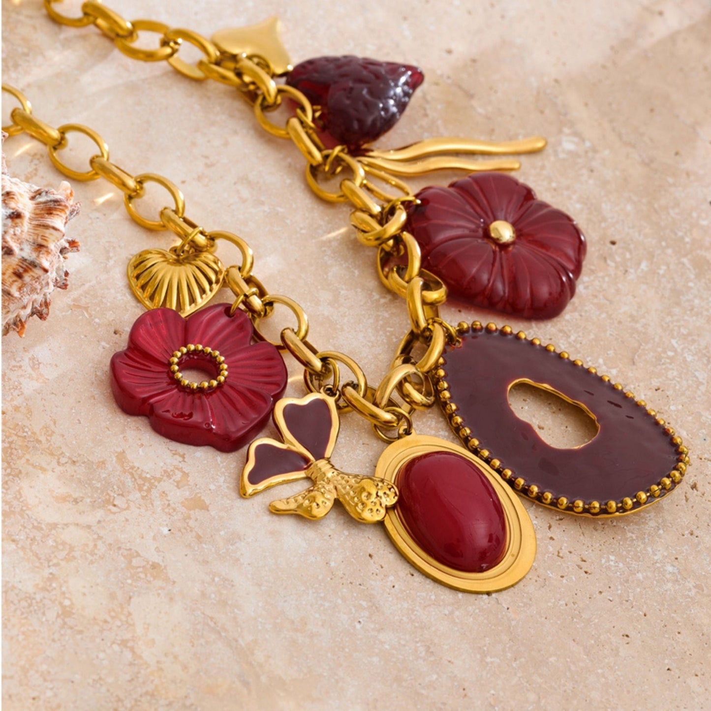 Scarlet Bloom Statement Charm Necklace