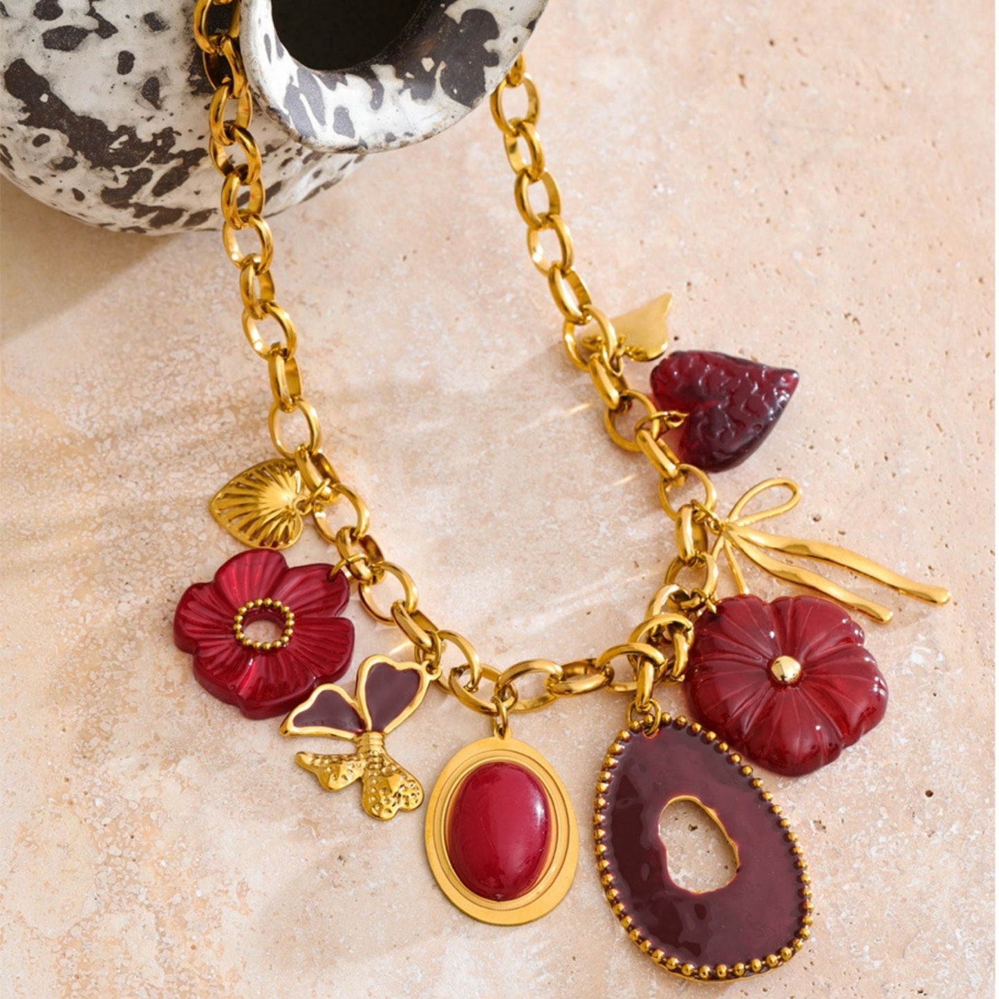 Scarlet Bloom Statement Charm Necklace