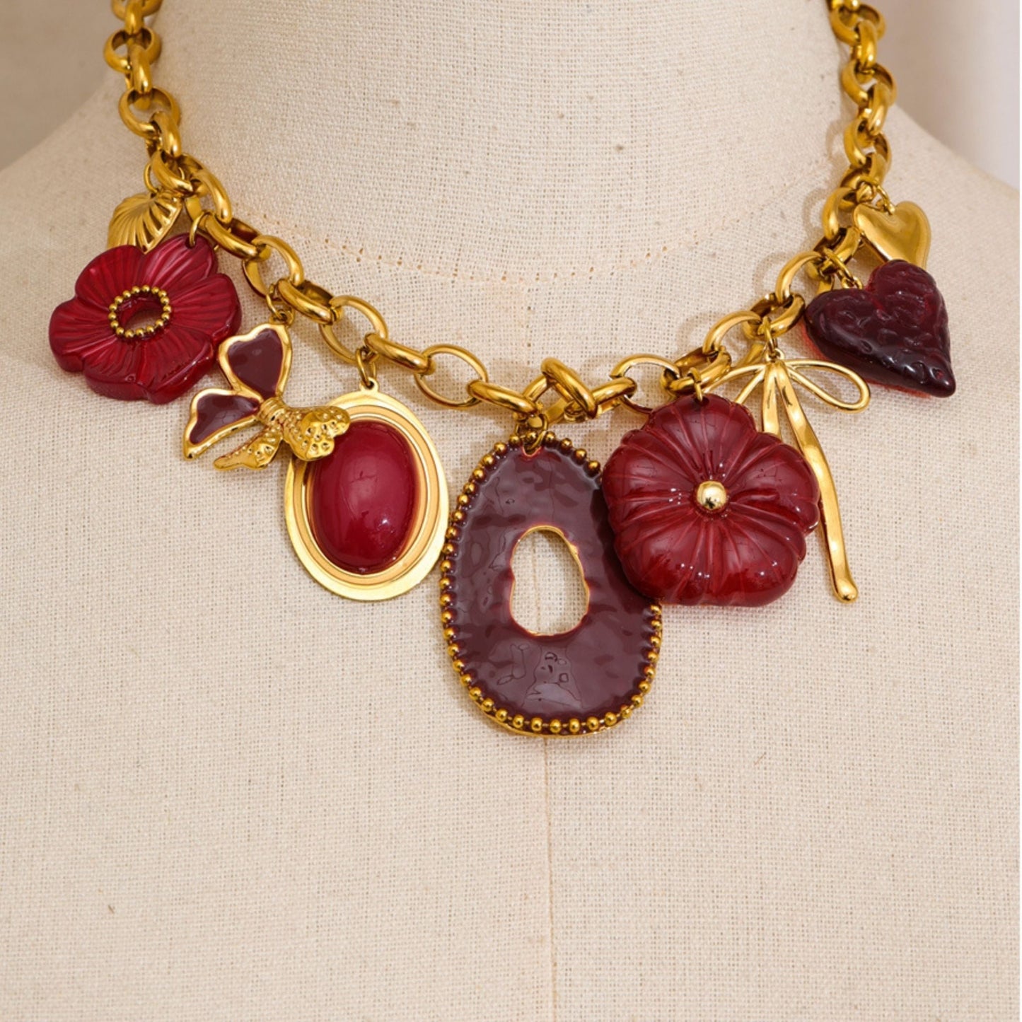 Scarlet Bloom Statement Charm Necklace