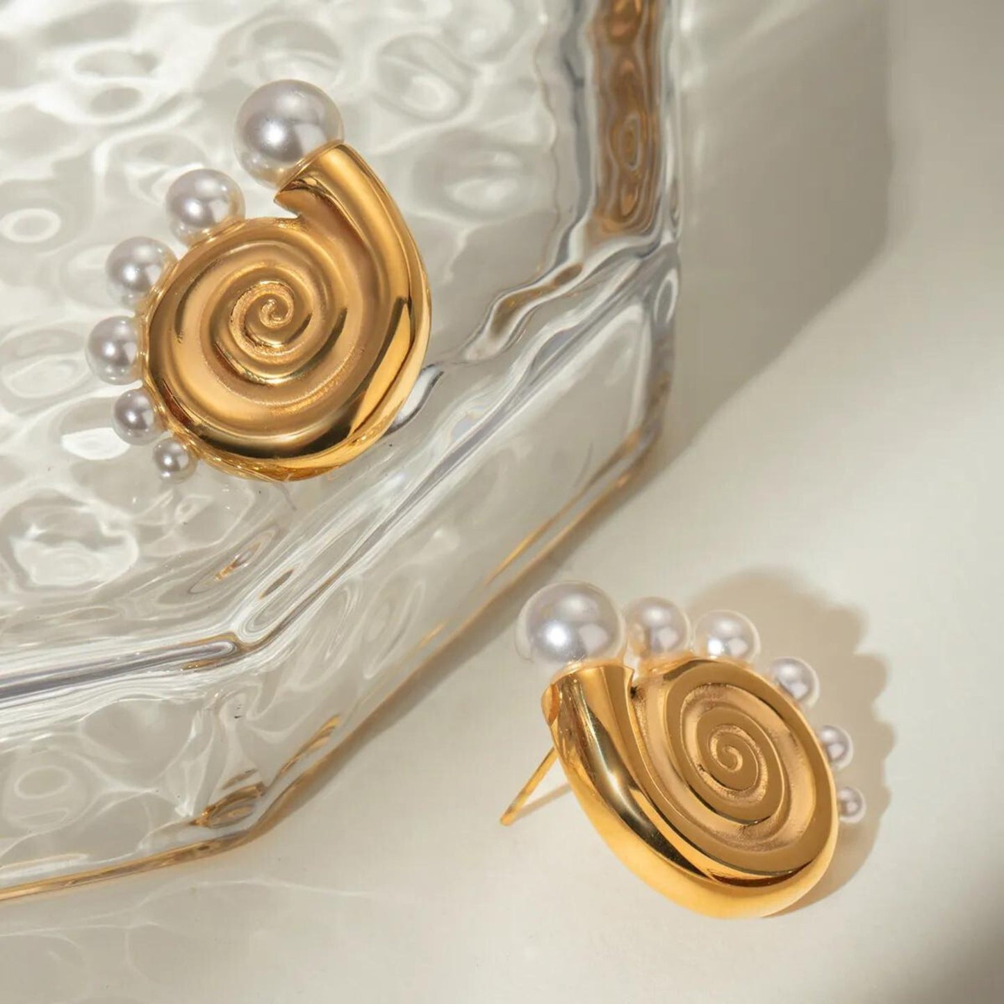 Spiral Pearl Accent Statement 18K Gold Plated Earrings