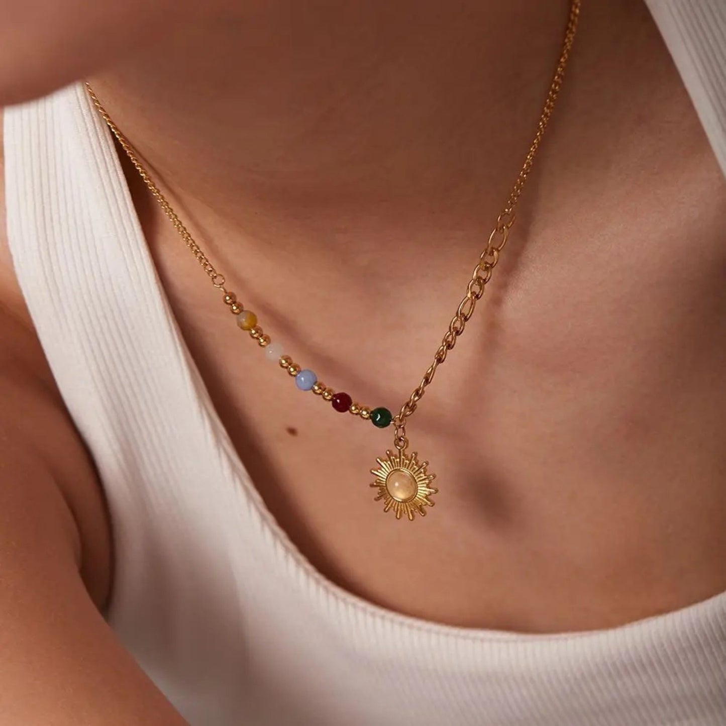 Sun Pendant Beaded Chain Necklace