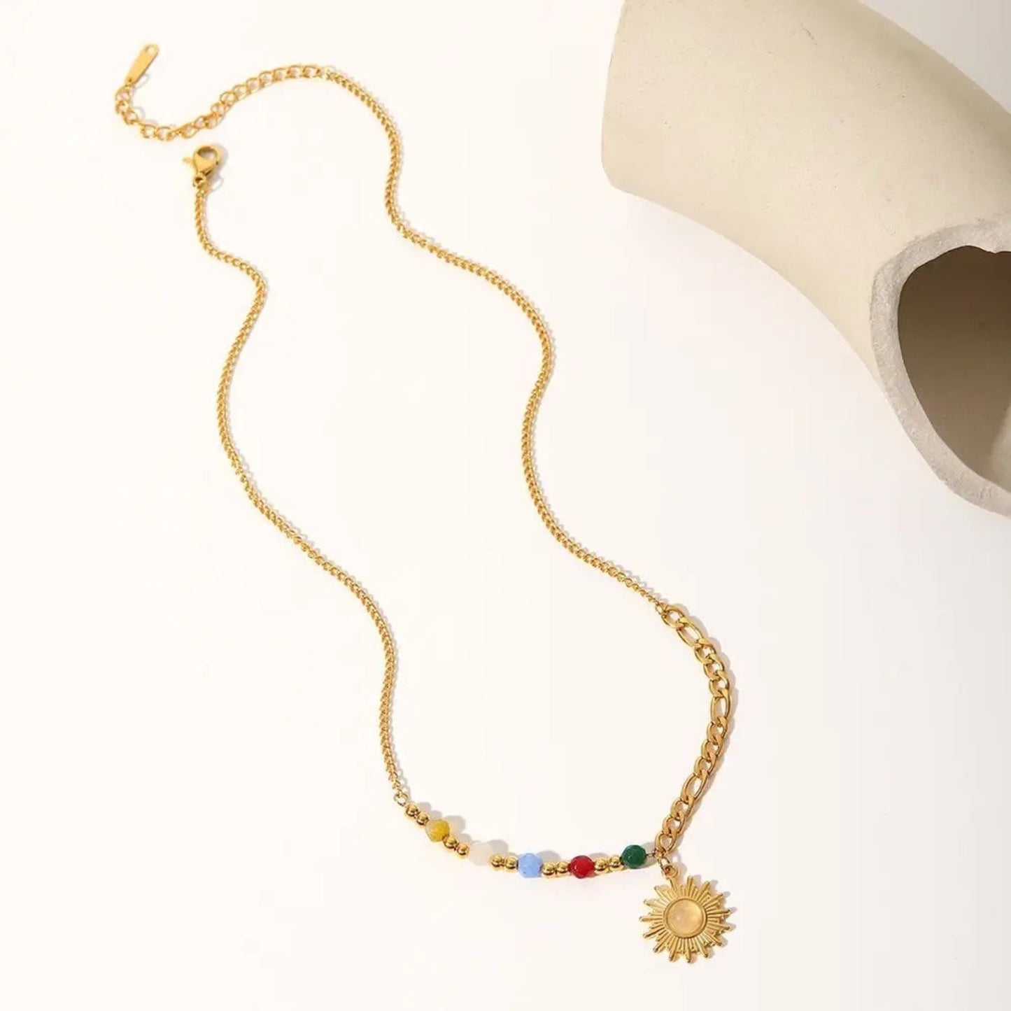 Sun Pendant Beaded Chain Necklace