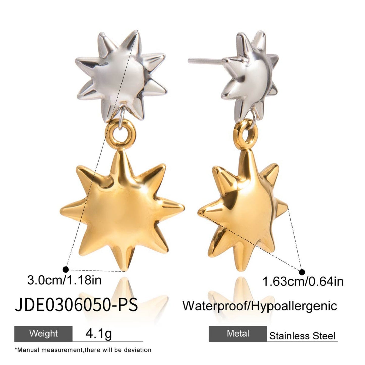 Sun & Star Drop Earrings – Two-Tone Stainless Steel