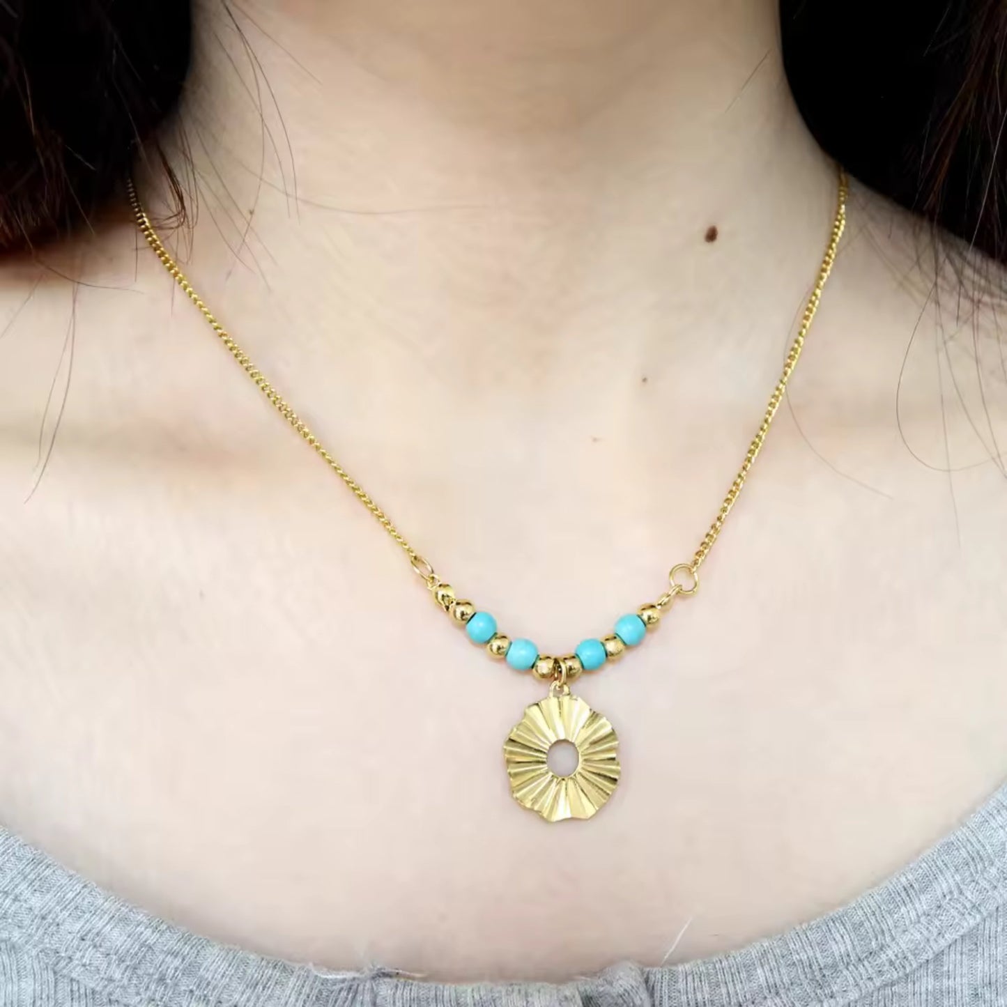 Turquoise Beaded Sunburst Pendant Necklace