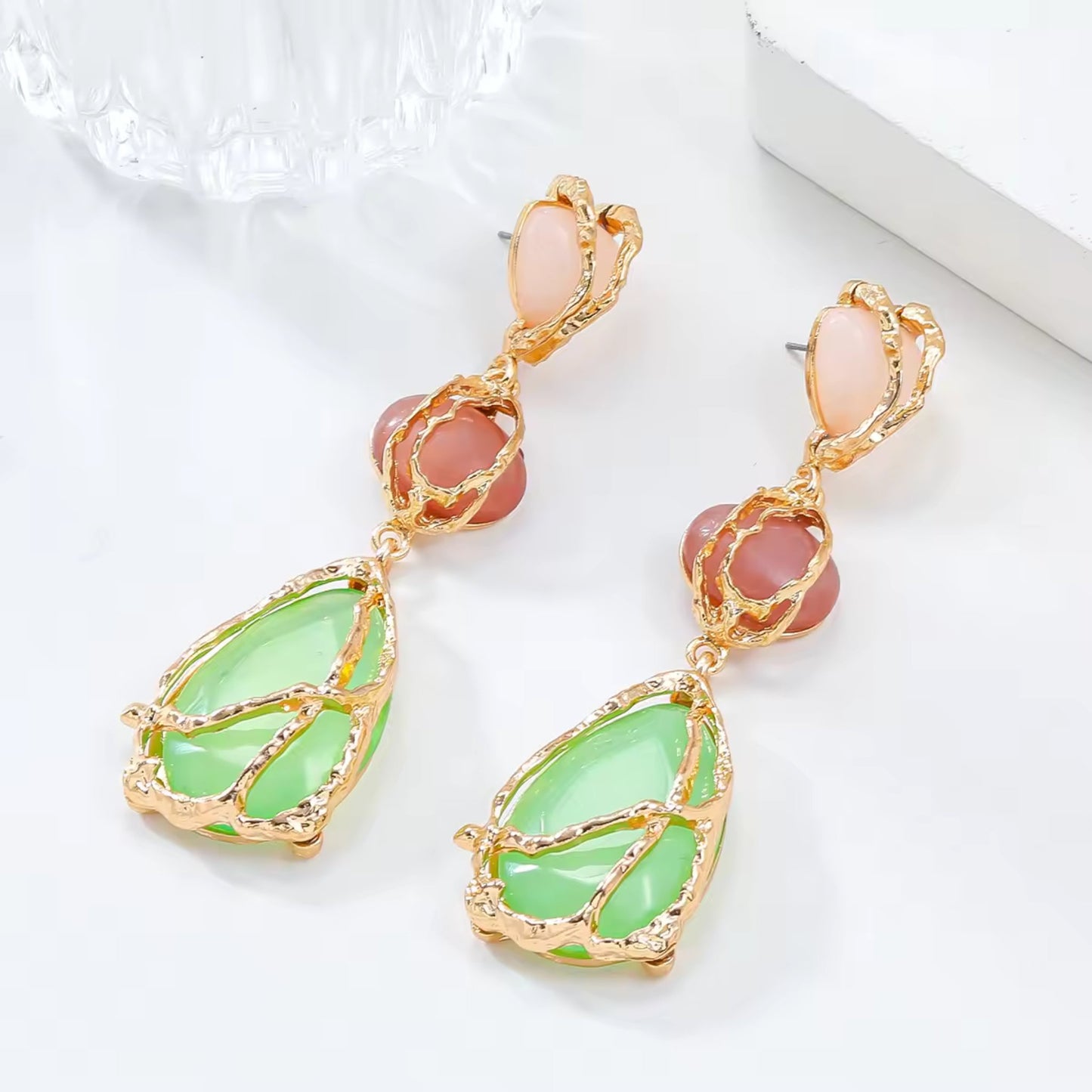 Vintage Gemstone Drop 18K Gold Plated Earrings