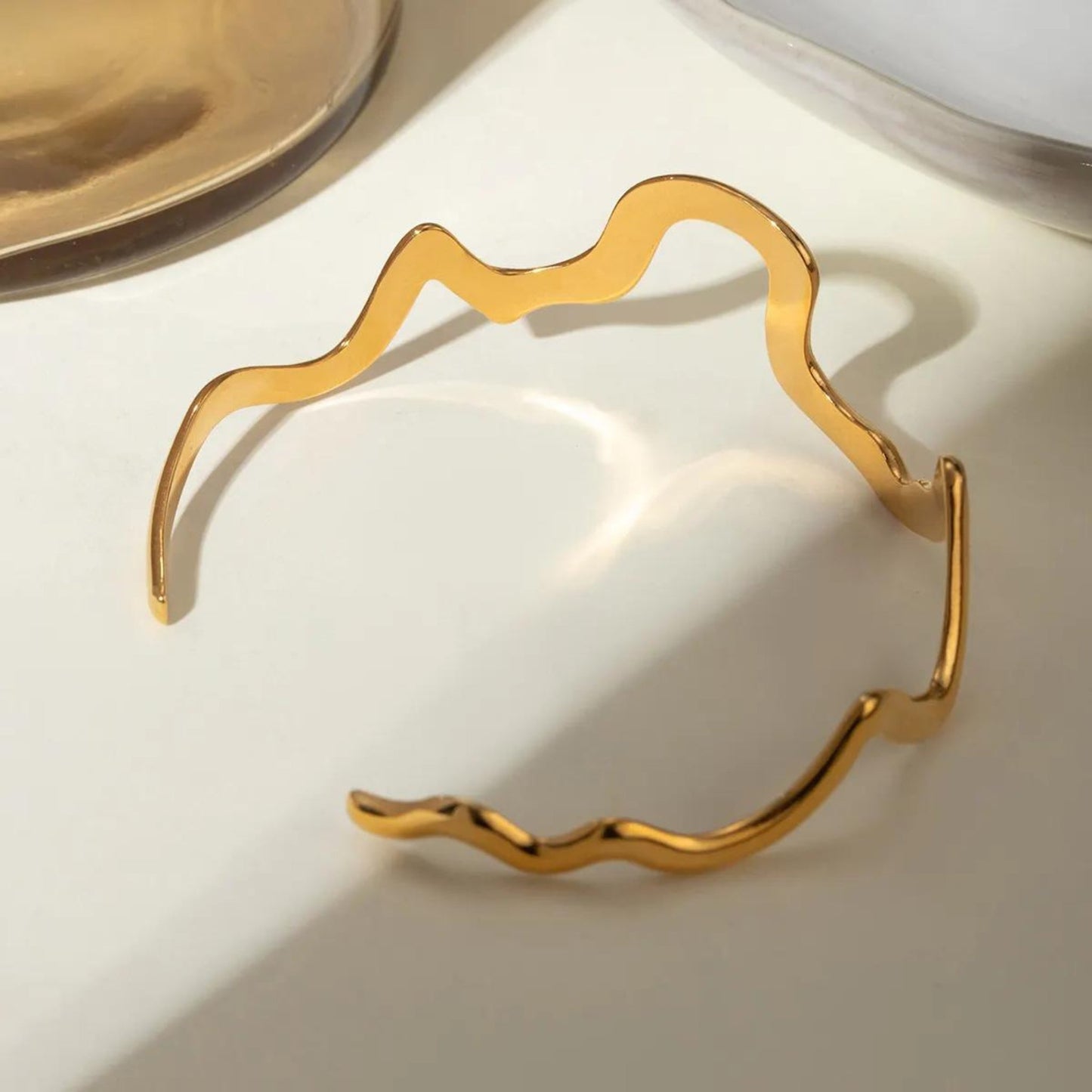 Wavy Minimalist Adjustable Gold Cuff 18K Gold Plated Bracelet