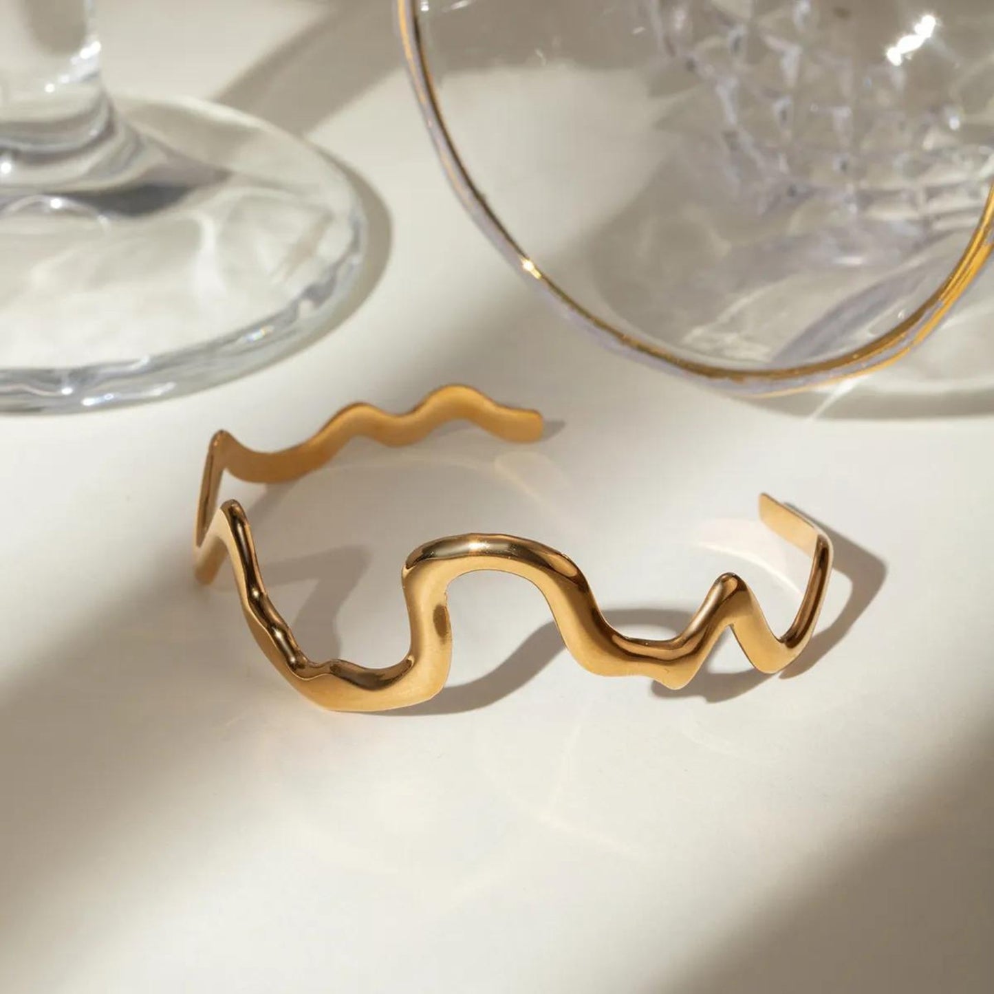 Wavy Minimalist Adjustable Gold Cuff 18K Gold Plated Bracelet